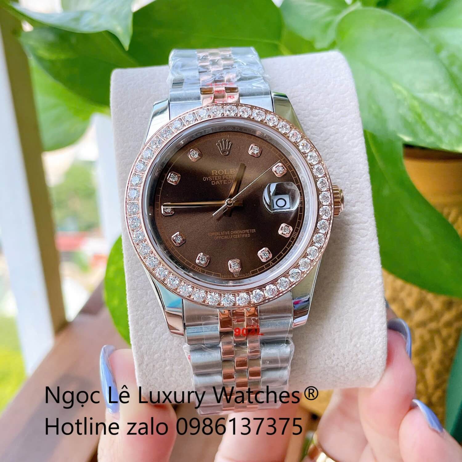 Đồng Hồ Rolex Datejust Cơ Tự Động Dây Demi Rose Mặt Nâu Size 41mm - Viền Đính Đá