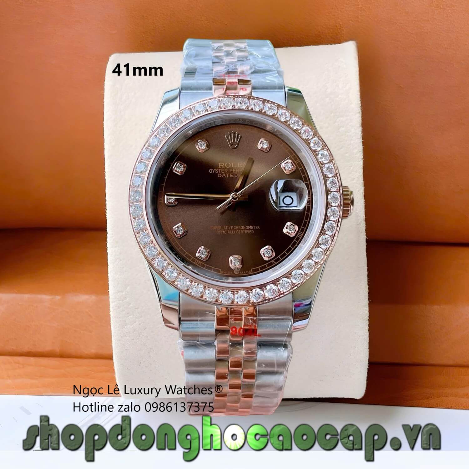 Đồng Hồ Rolex Datejust Cơ Tự Động Dây Demi Rose Mặt Nâu Size 41mm - Viền Đính Đá
