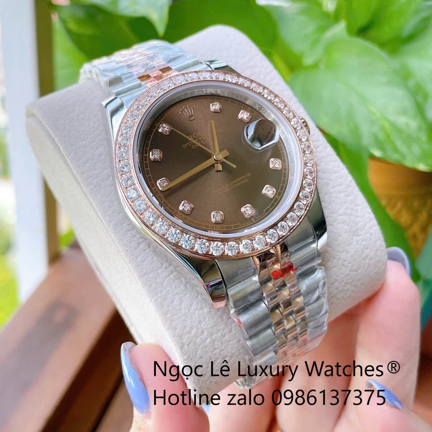 Đồng Hồ Rolex Datejust Cơ Tự Động Dây Demi Rose Mặt Nâu Size 41mm - Viền Đính Đá