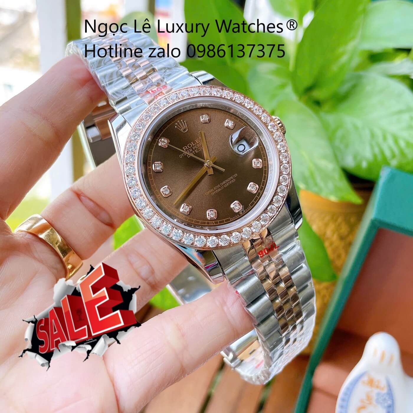 Đồng Hồ Rolex Datejust Cơ Tự Động Dây Demi Rose Mặt Nâu Size 41mm - Viền Đính Đá