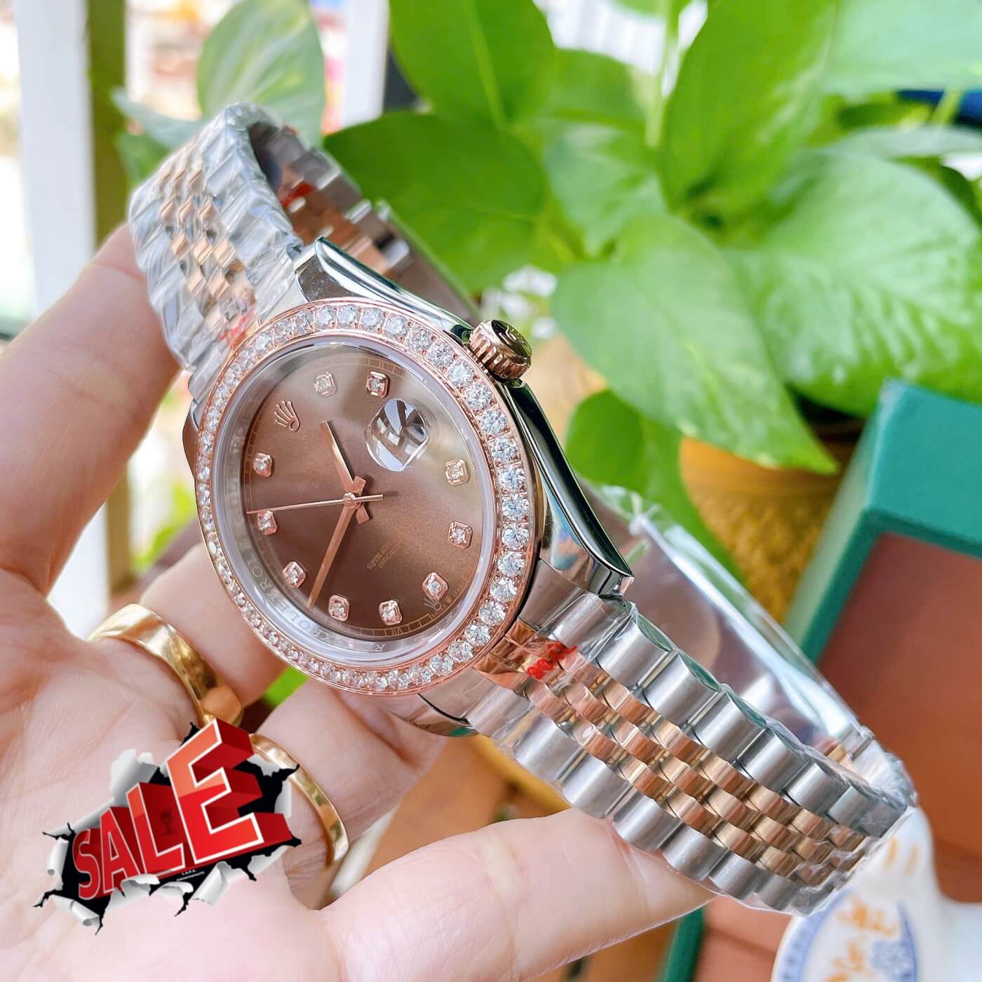 Đồng Hồ Rolex Datejust Cơ Tự Động Dây Demi Rose Mặt Nâu Size 41mm - Viền Đính Đá