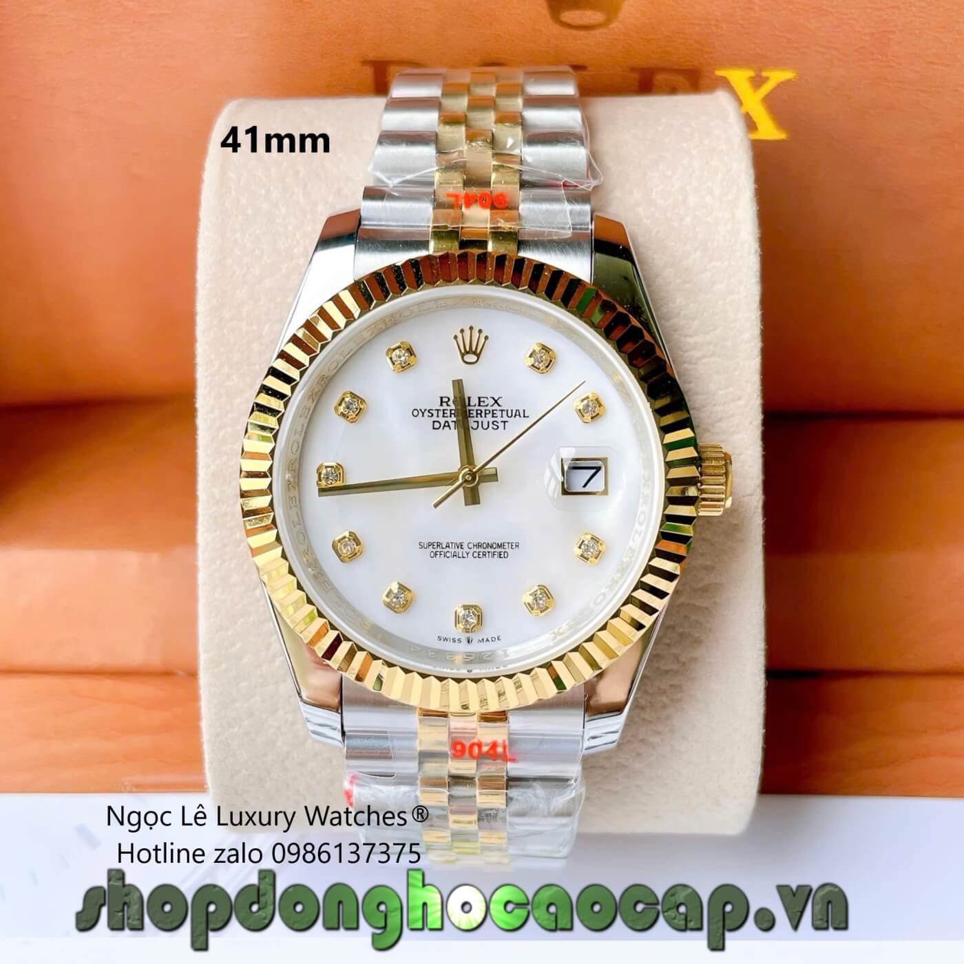 Đồng Hồ Rolex Datejust Cơ Tự Động Dây Demi Vàng Mặt Xà Cừ Trắng Size 41mm - Niềng Khía