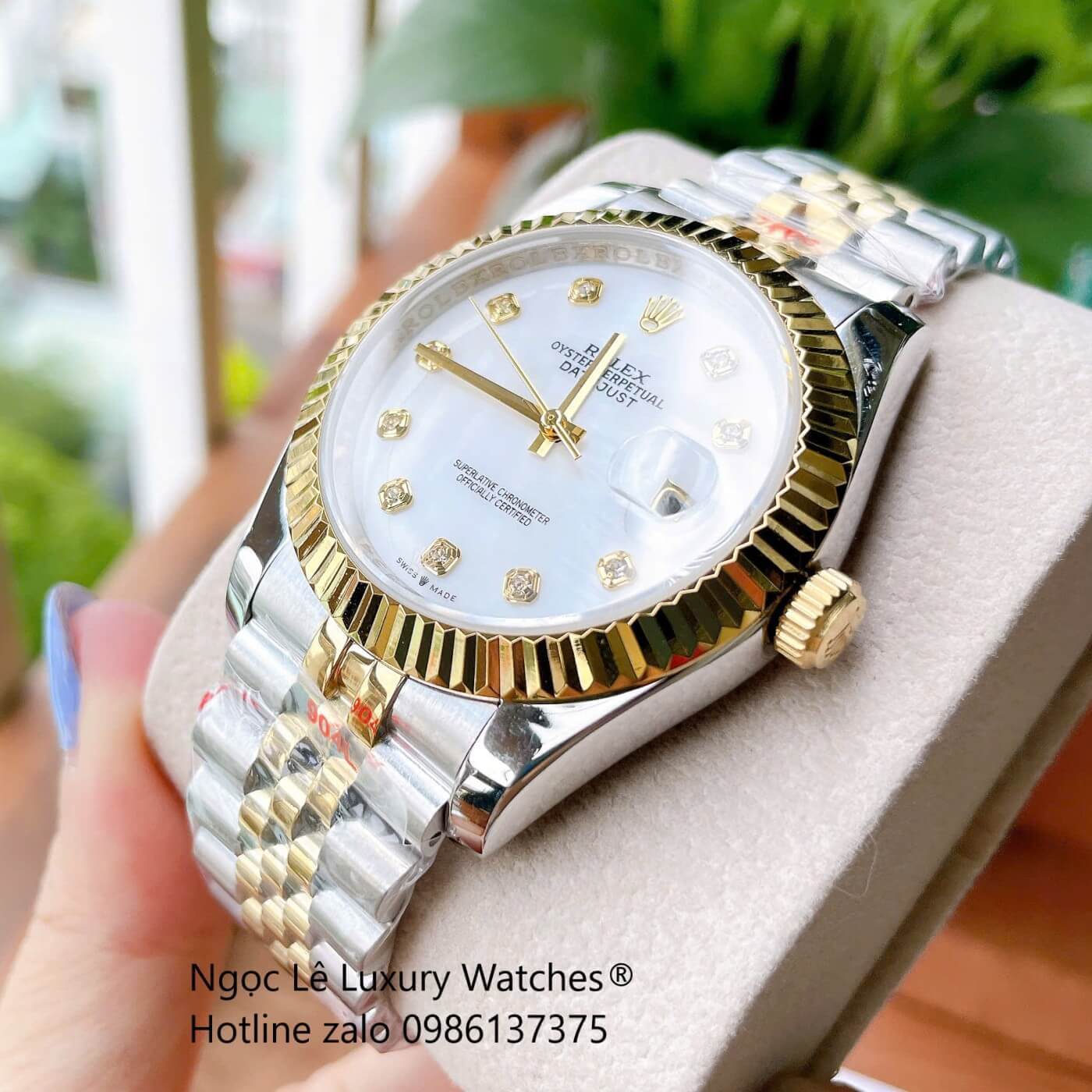 Đồng Hồ Rolex Datejust Cơ Tự Động Dây Demi Vàng Mặt Xà Cừ Trắng Size 41mm - Niềng Khía