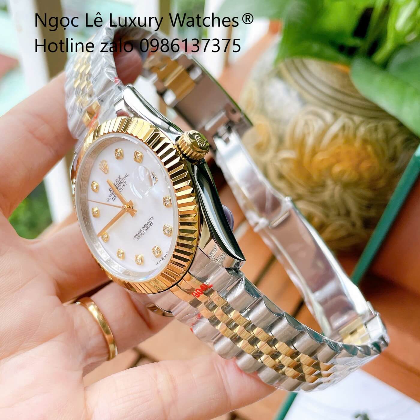 Đồng Hồ Rolex Datejust Cơ Tự Động Dây Demi Vàng Mặt Xà Cừ Trắng Size 41mm - Niềng Khía