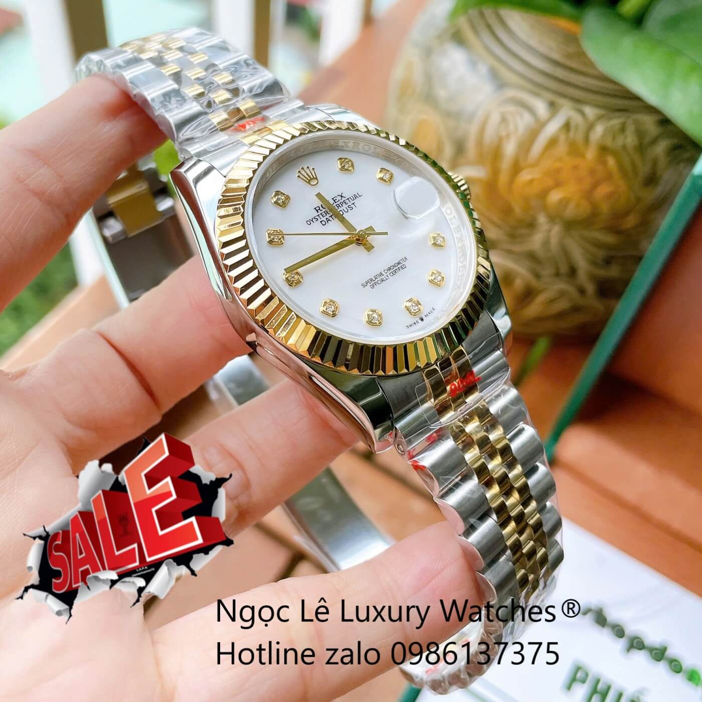 Đồng Hồ Rolex Datejust Cơ Tự Động Dây Demi Vàng Mặt Xà Cừ Trắng Size 41mm - Niềng Khía