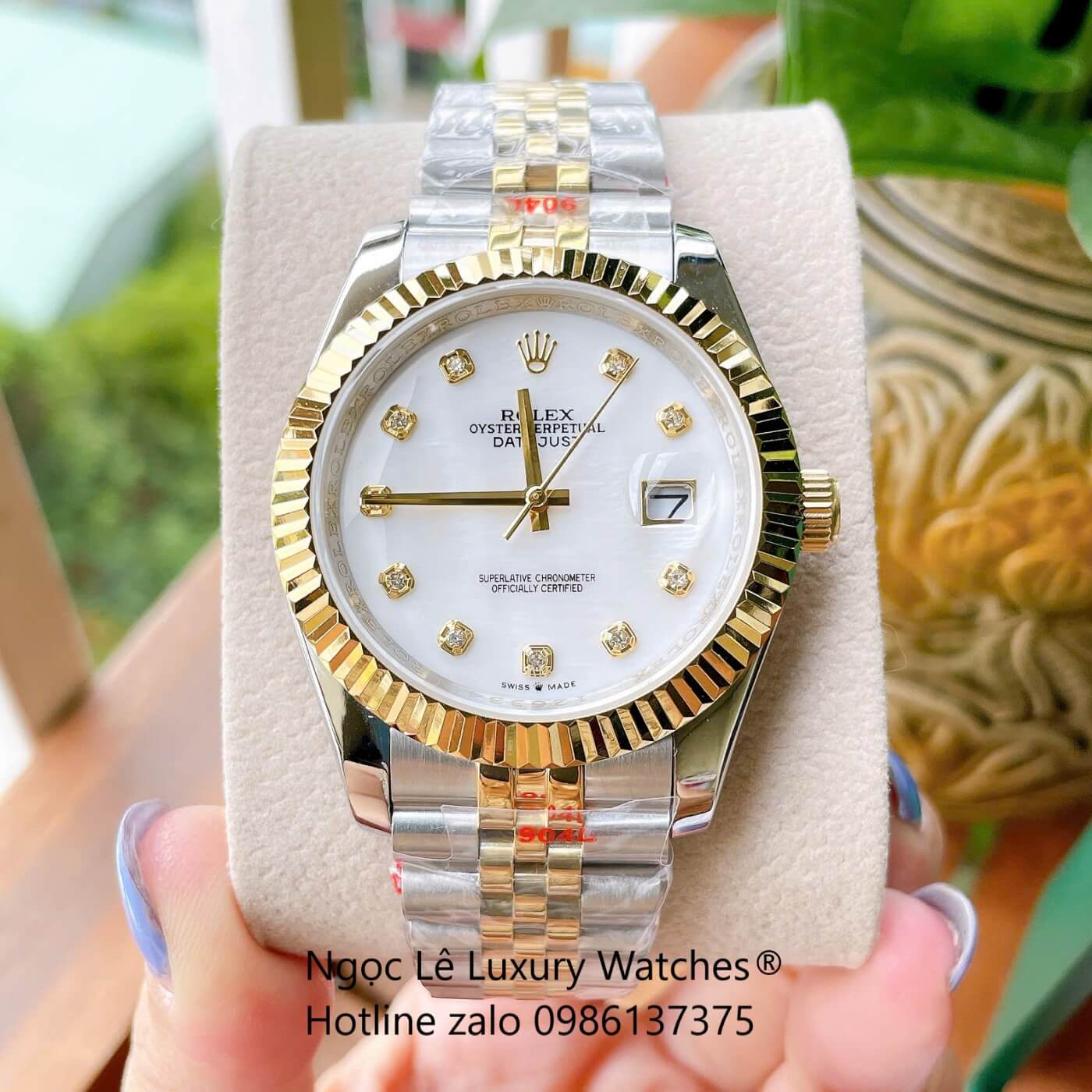 Đồng Hồ Rolex Datejust Cơ Tự Động Dây Demi Vàng Mặt Xà Cừ Trắng Size 41mm - Niềng Khía