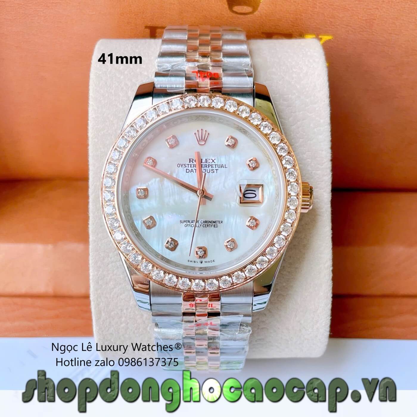 Đồng Hồ Rolex Datejust Cơ Tự Động Dây Demi Rose Mặt Xà Cừ Trắng Size 41mm - Viền Đính Đá