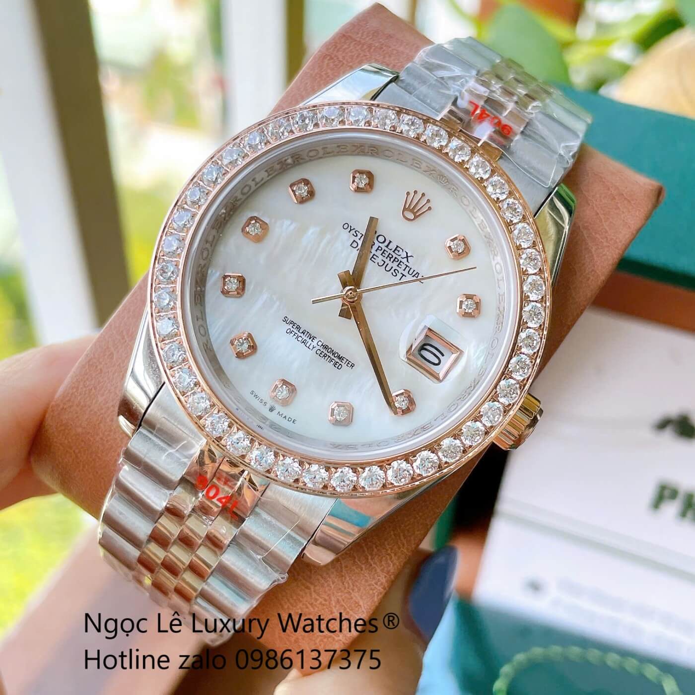 Đồng Hồ Rolex Datejust Cơ Tự Động Dây Demi Vàng Mặt Xà Cừ Trắng Size 41mm - Viền Đính Đá