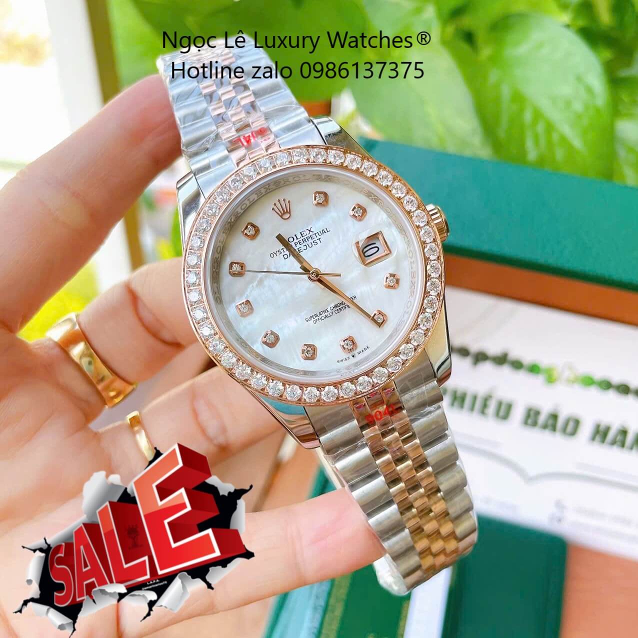 Đồng Hồ Rolex Datejust Cơ Tự Động Dây Demi Vàng Mặt Xà Cừ Trắng Size 41mm - Viền Đính Đá