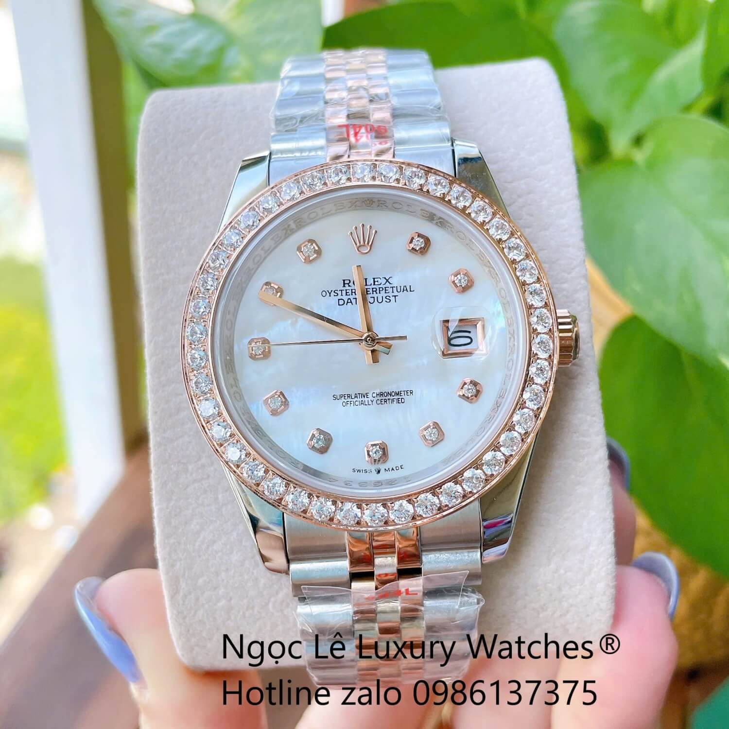 Đồng Hồ Rolex Datejust Cơ Tự Động Dây Demi Vàng Mặt Xà Cừ Trắng Size 41mm - Viền Đính Đá