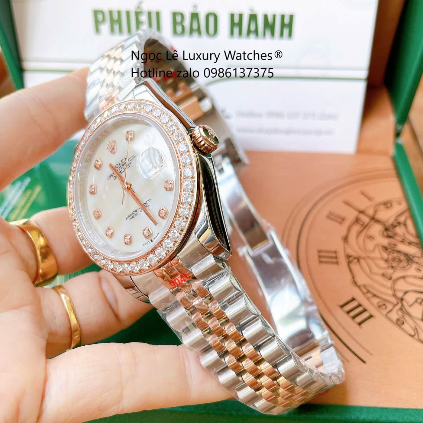 Đồng Hồ Rolex Datejust Cơ Tự Động Dây Demi Vàng Mặt Xà Cừ Trắng Size 41mm - Viền Đính Đá