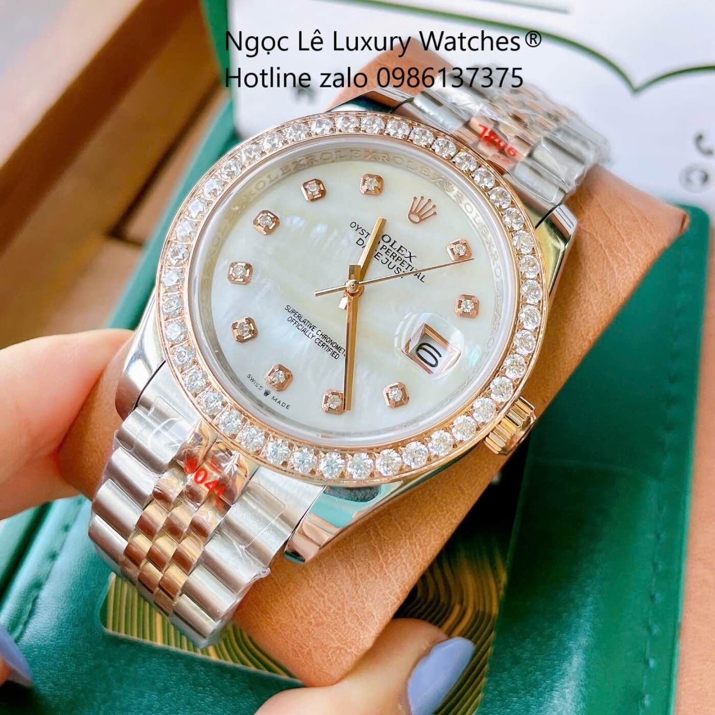 Đồng Hồ Rolex Datejust Cơ Tự Động Dây Demi Vàng Mặt Xà Cừ Trắng Size 41mm - Viền Đính Đá