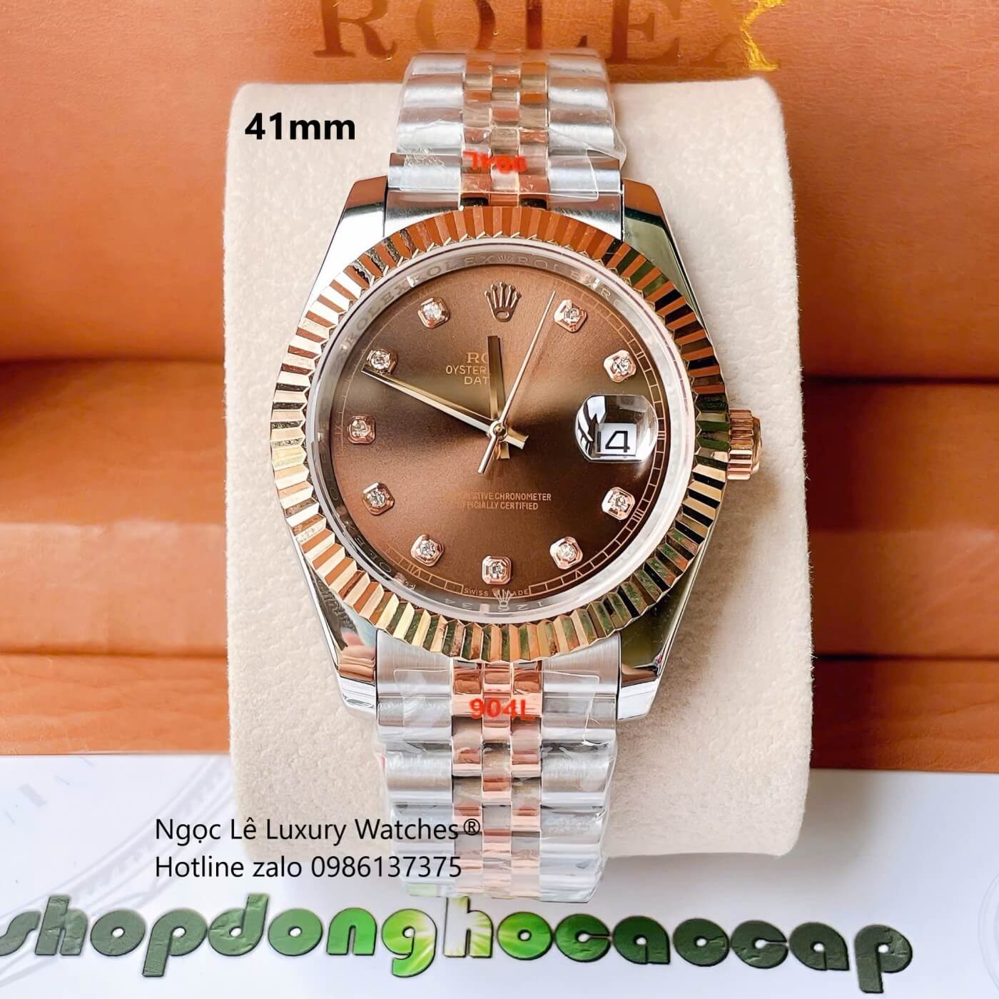 Đồng Hồ Rolex Datejust Cơ Tự Động Dây Thép Demi Vàng Hồng Mặt Nâu Size 41mm - Niềng Khía