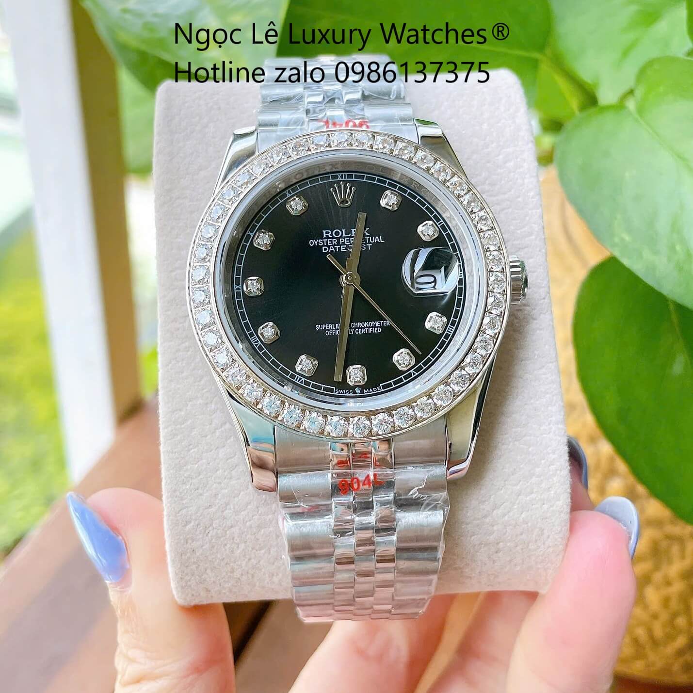 Đồng Hồ Rolex Datejust Cơ Tự Động Dây Thép Silver Mặt Đen Size 41mm - Viền Đính Đá