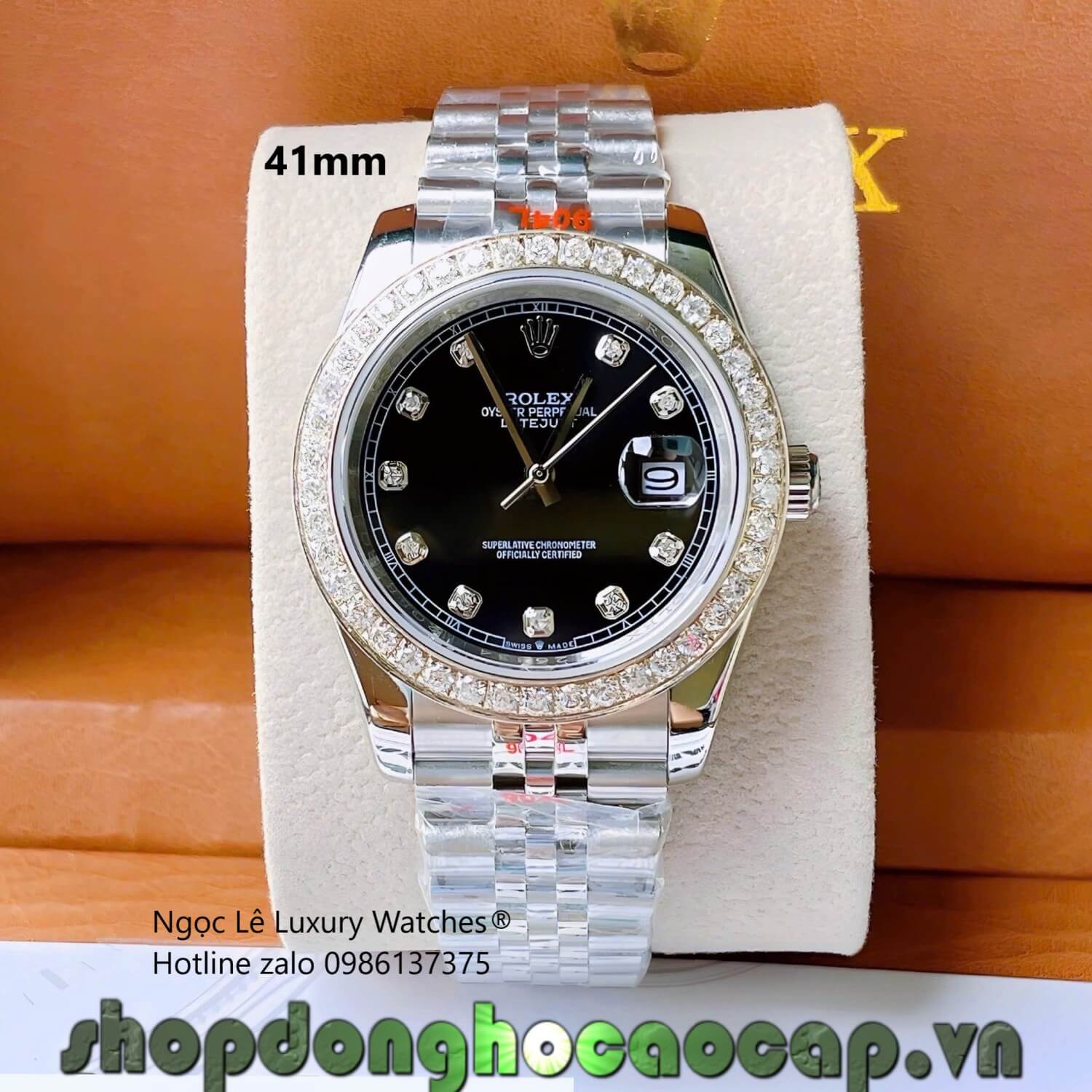 Đồng Hồ Rolex Datejust Cơ Tự Động Dây Thép Silver Mặt Đen Size 41mm - Viền Đính Đá