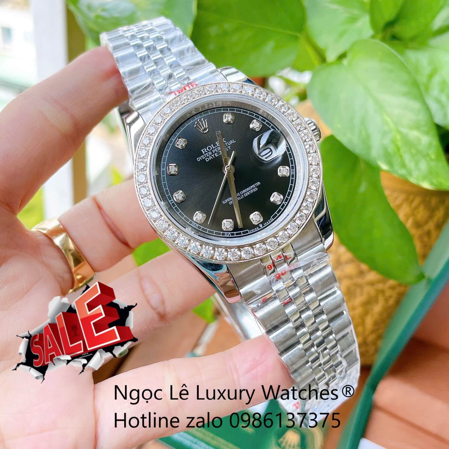 Đồng Hồ Rolex Datejust Cơ Tự Động Dây Thép Silver Mặt Đen Size 41mm - Viền Đính Đá