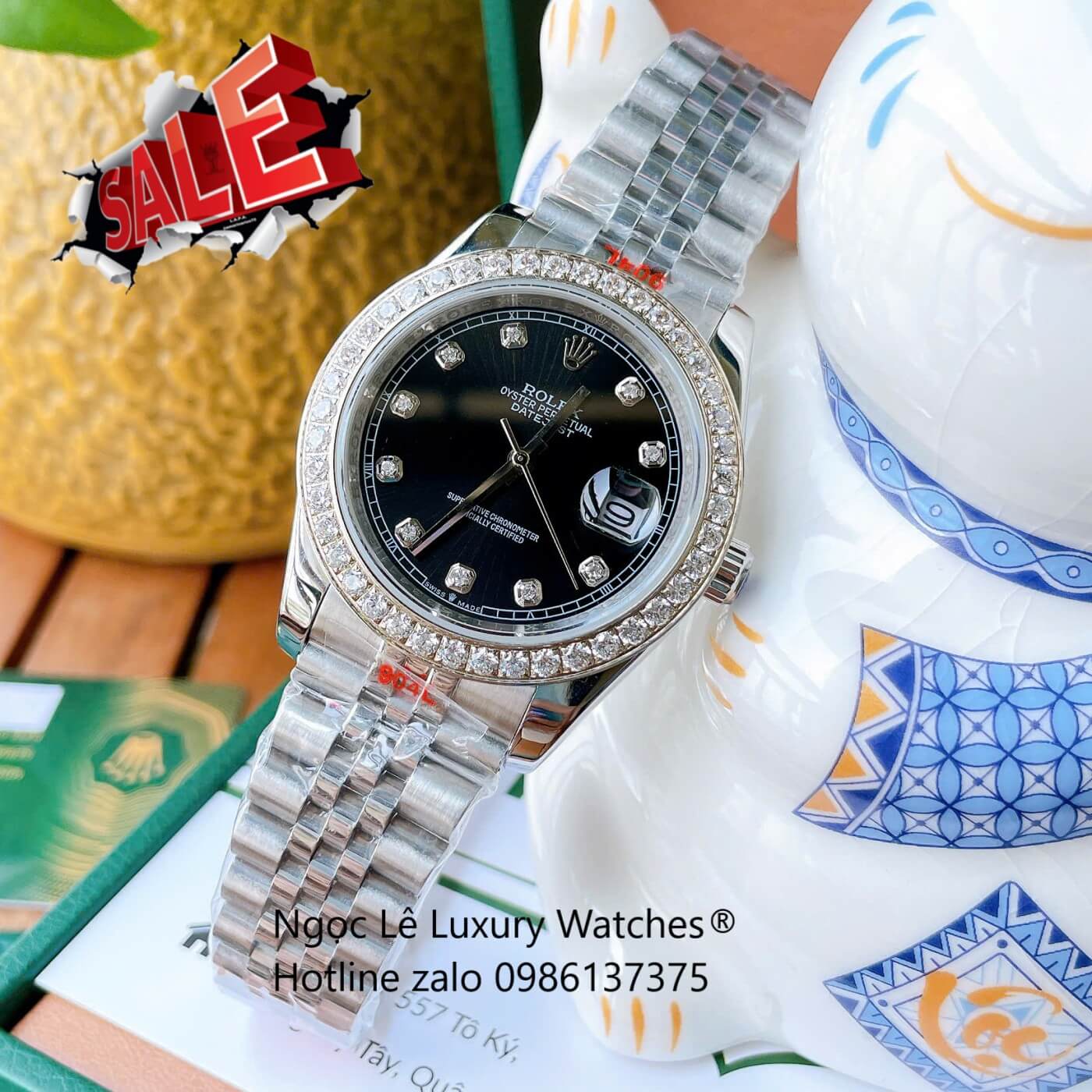 Đồng Hồ Rolex Datejust Cơ Tự Động Dây Thép Silver Mặt Đen Size 41mm - Viền Đính Đá