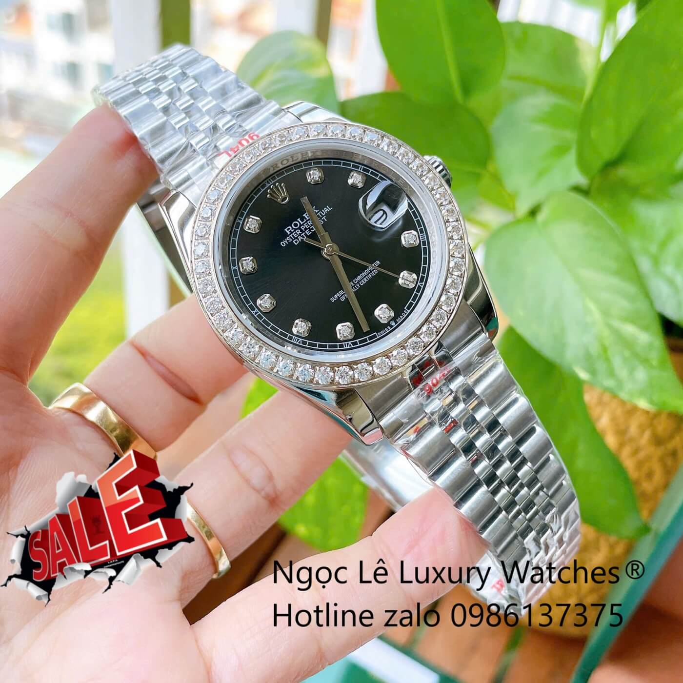 Đồng Hồ Rolex Datejust Cơ Tự Động Dây Thép Silver Mặt Đen Size 41mm - Viền Đính Đá
