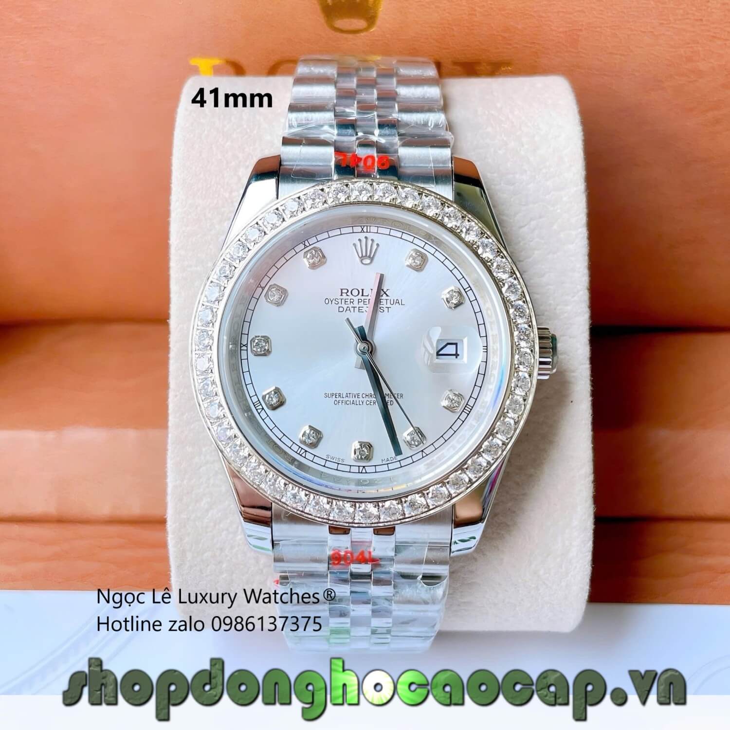 Đồng Hồ Rolex Datejust Cơ Tự Động Dây Thép Silver Mặt Trắng Size 41mm - Viền Đính Đá