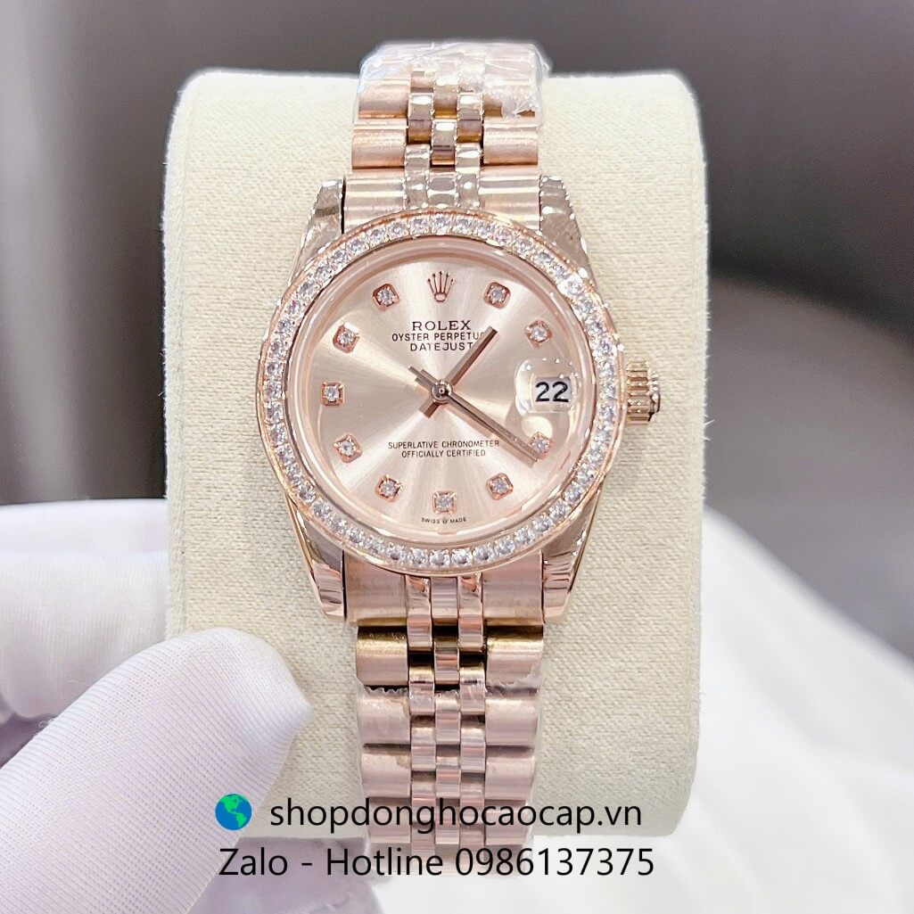 Đồng hồ RoLex Datejust dây vàng hồng viền đá - Đồng hồ Rolex nữ máy Pin Nhật Size 31mm