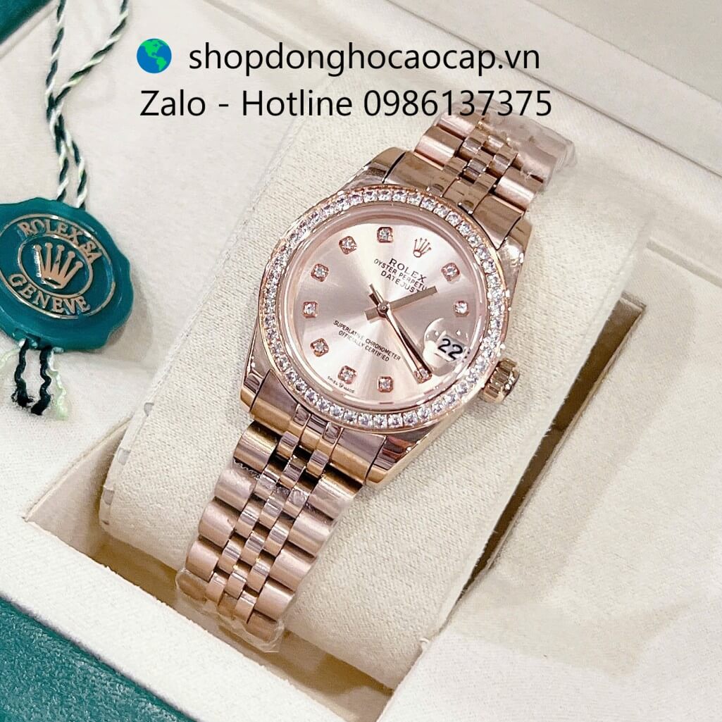 Đồng hồ RoLex Datejust dây vàng hồng viền đá - Đồng hồ Rolex nữ máy Pin Nhật Size 31mm
