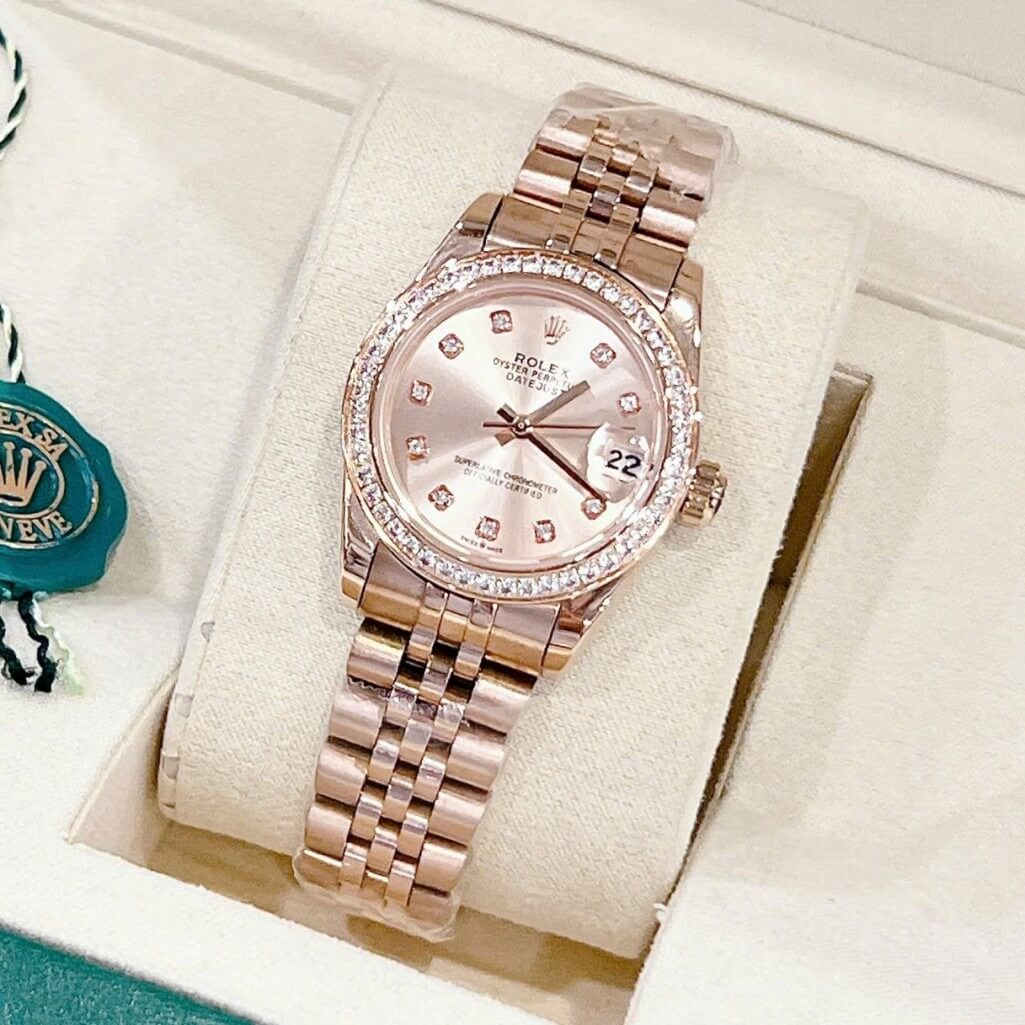Đồng hồ RoLex Datejust dây vàng hồng viền đá - Đồng hồ Rolex nữ máy Pin Nhật Size 31mm