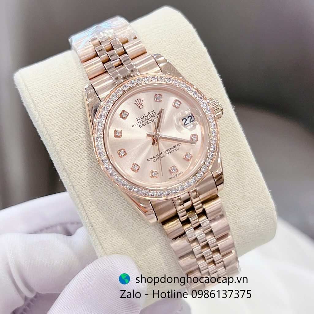 Đồng hồ RoLex Datejust dây vàng hồng viền đá - Đồng hồ Rolex nữ máy Pin Nhật Size 31mm
