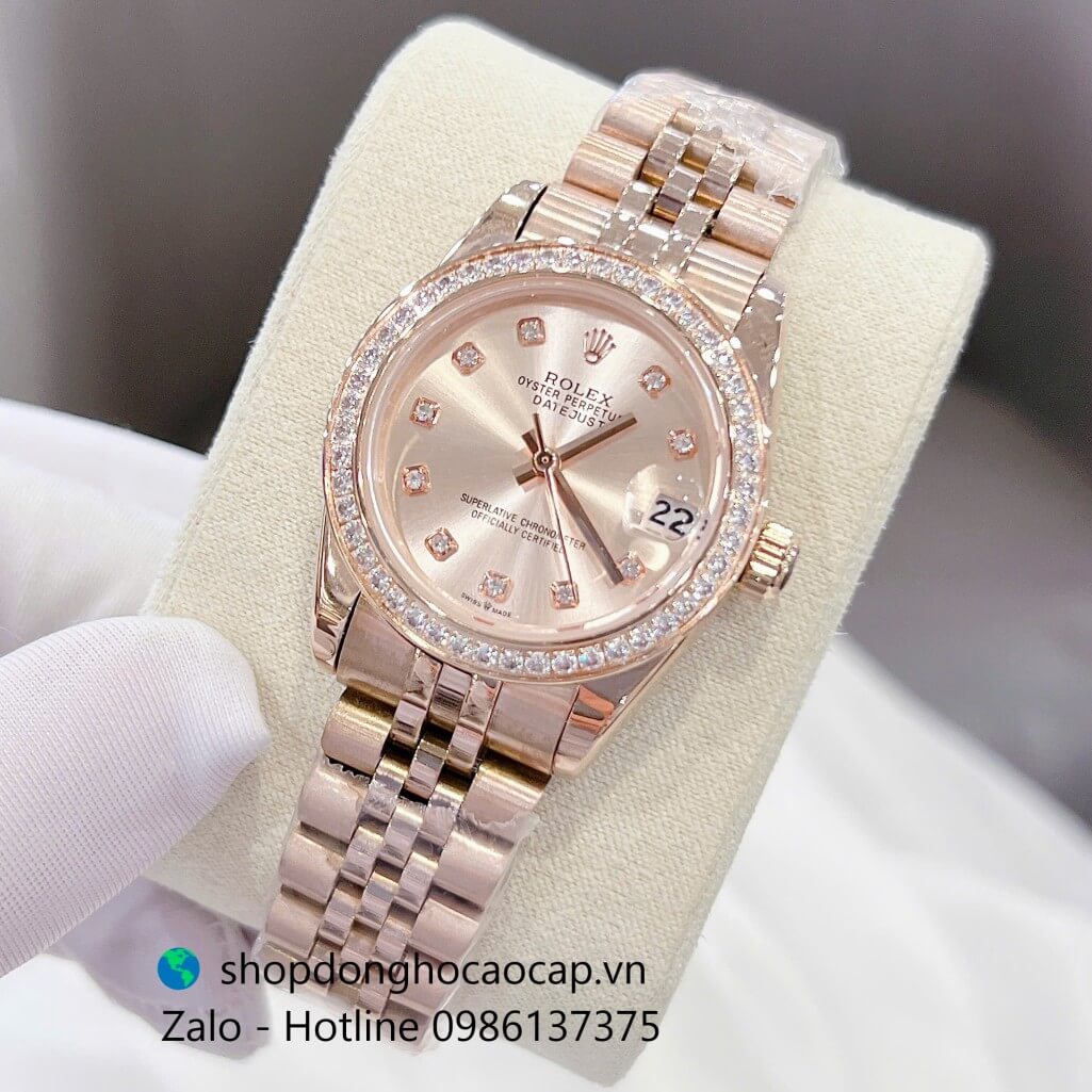 Đồng hồ RoLex Datejust dây vàng hồng viền đá - Đồng hồ Rolex nữ máy Pin Nhật Size 31mm