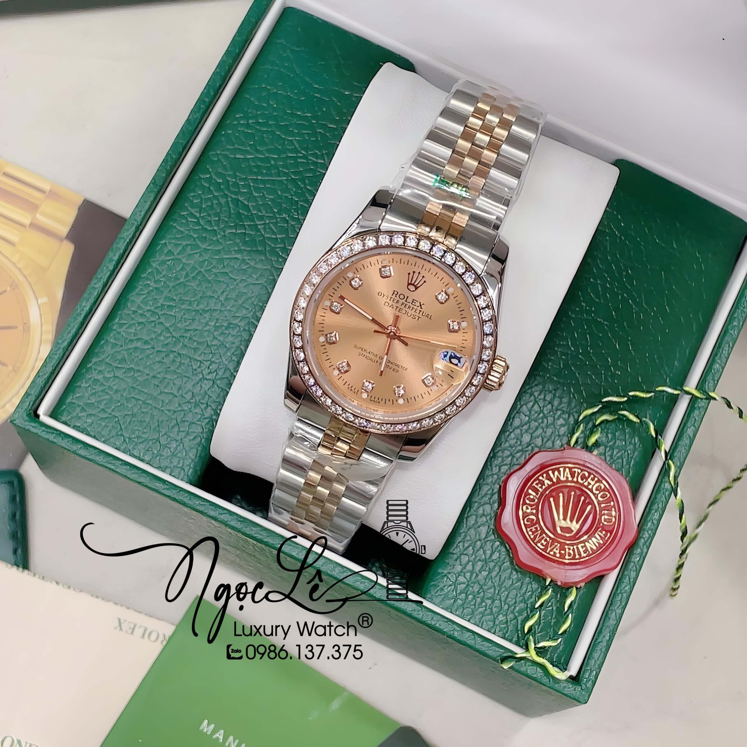 Đồng Hồ Nữ Rolex Datejust Pin Màu Demi Mặt Rose Gold Đính Đá Size 32mm