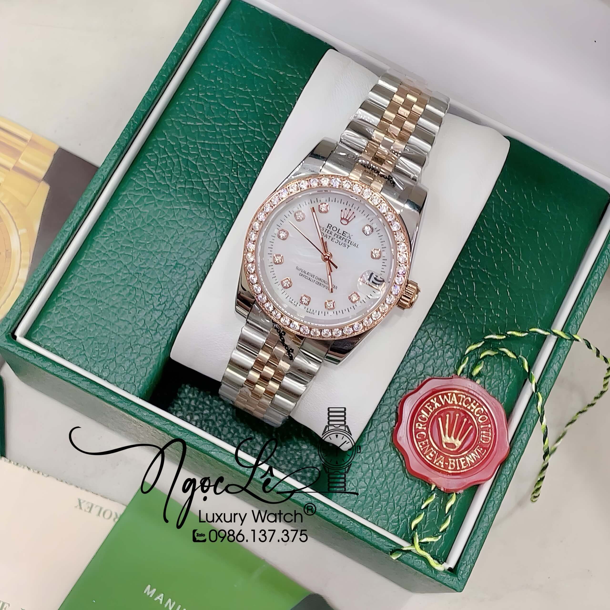 Đồng Hồ Nữ Rolex Datejust Pin Màu Demi Mặt Trắng Xà Cừ Đính Đá Size 32mm