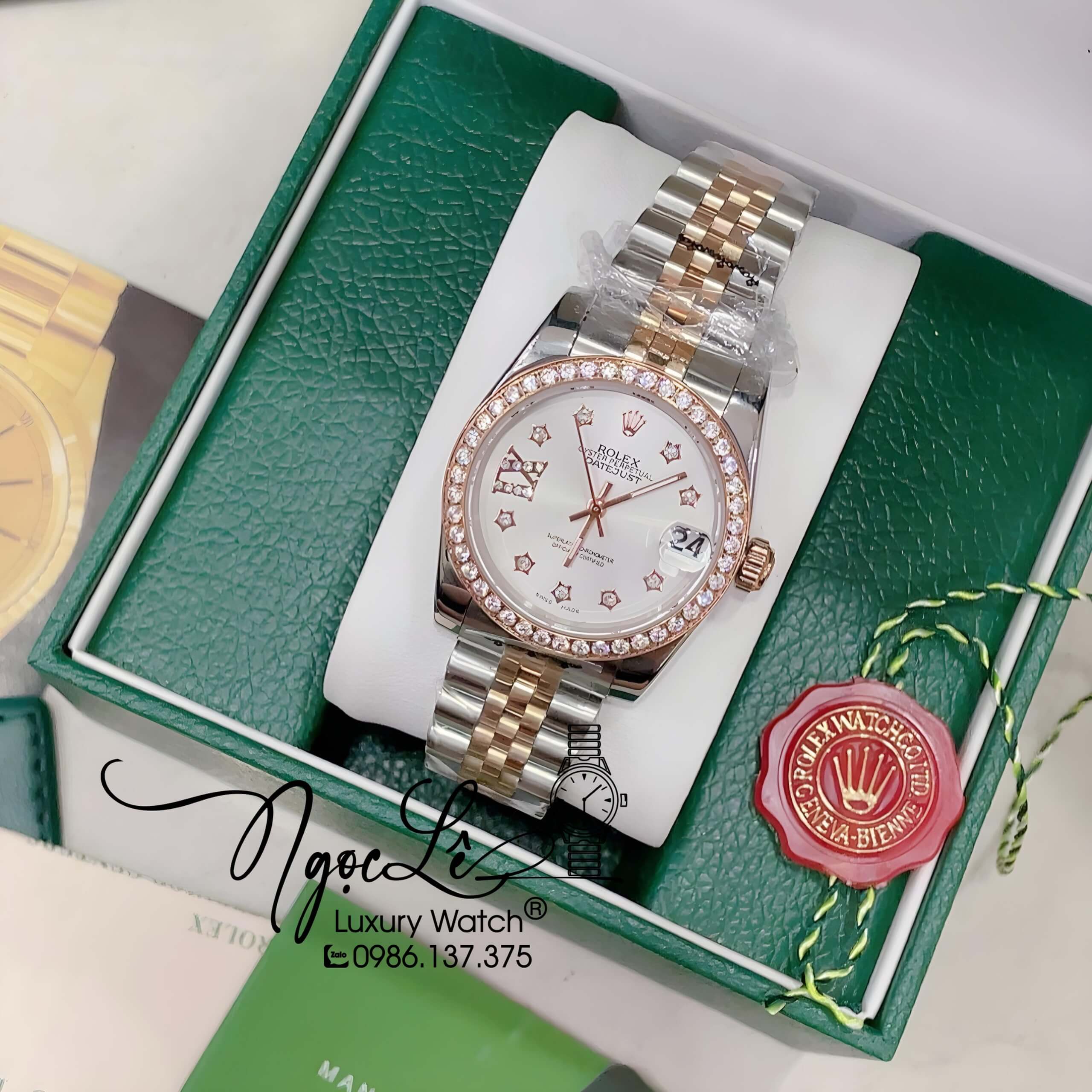 Đồng Hồ Nữ Rolex Datejust Pin Màu Demi Mặt Trắng Ngôi Sao Đính Đá Size 32mm