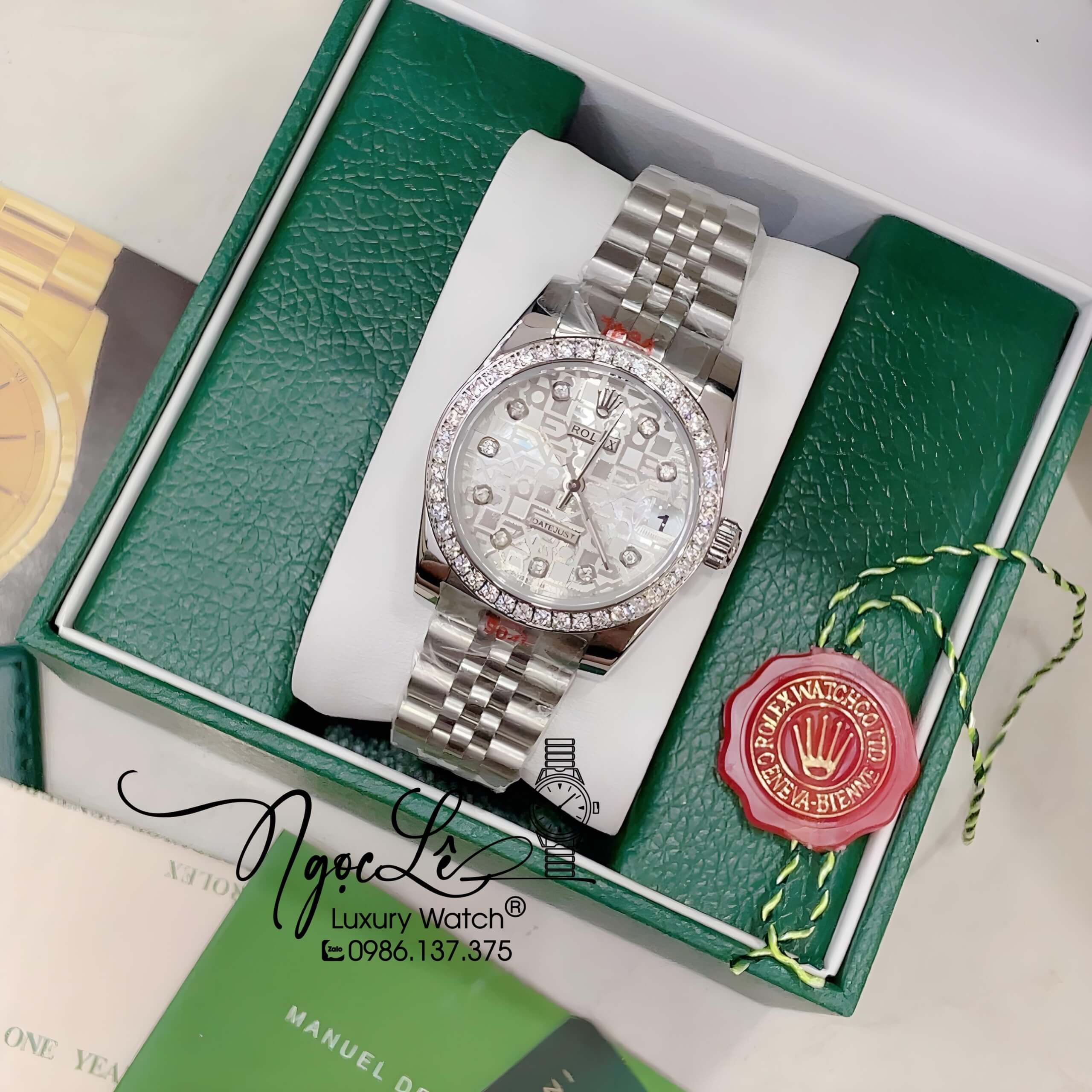 Đồng Hồ Nữ Rolex Datejust Pin Màu Bạc Mặt Trắng Vi Tính Đính Đá Size 32mm