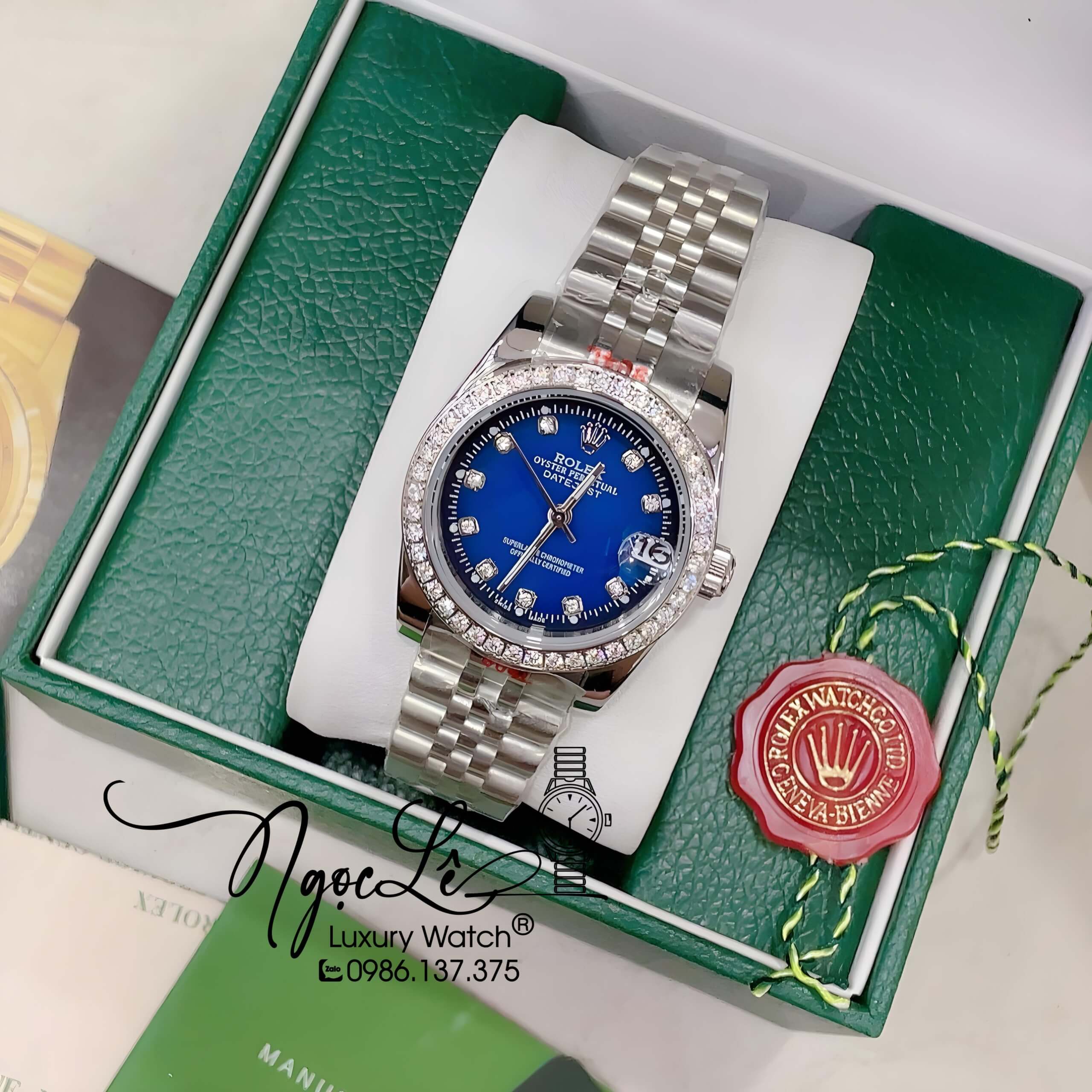 Đồng Hồ Nữ Rolex Datejust Pin Màu Bạc Mặt Xanh Dương Ombre Đính Đá Size 32mm