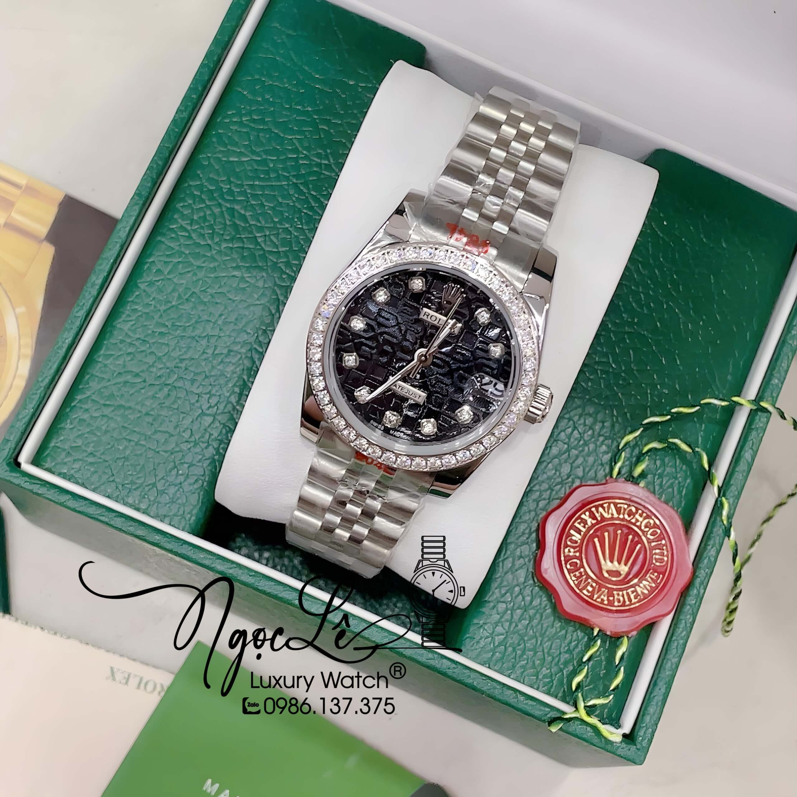 Đồng Hồ Nữ Rolex Datejust Pin Màu Bạc Mặt Đen Vi Tính Đính Đá Size 32mm