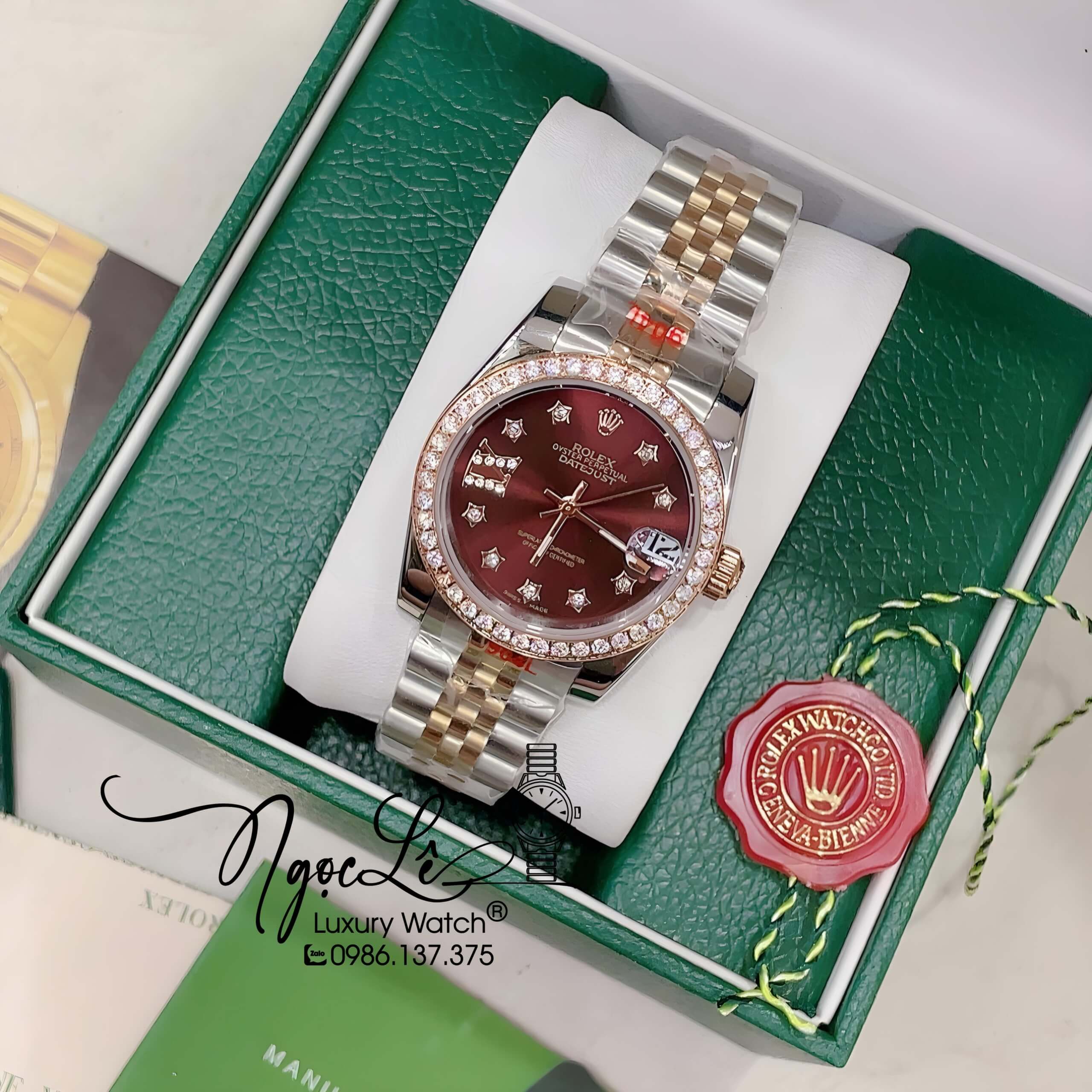 Đồng Hồ Nữ Rolex Datejust Pin Màu Demi Rose Mặt Nâu Ngôi Sao Đính Đá Size 32mm