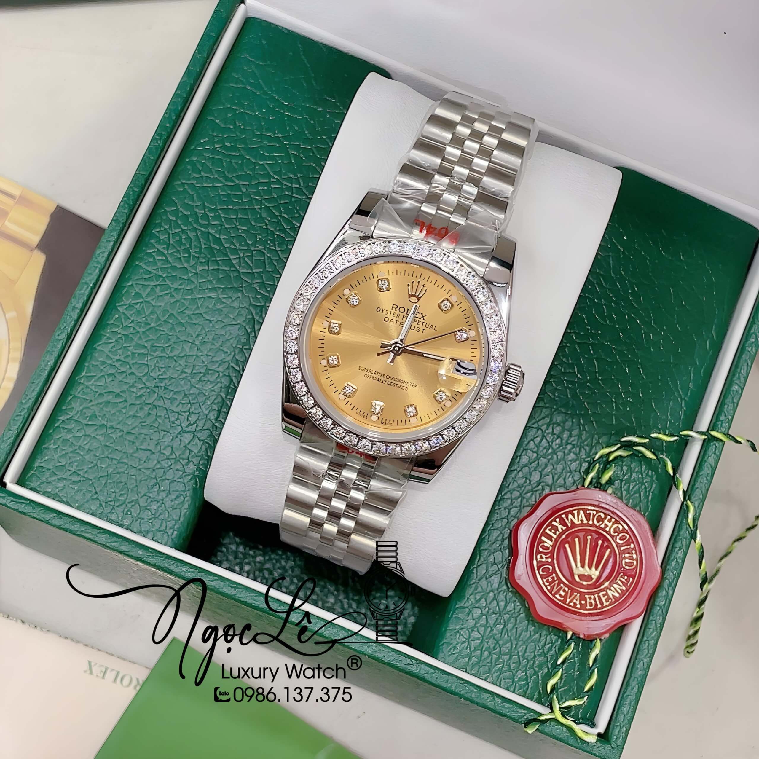 Đồng Hồ Nữ Rolex Datejust Pin Màu Bạc Mặt Vàng Đính Đá Size 32mm