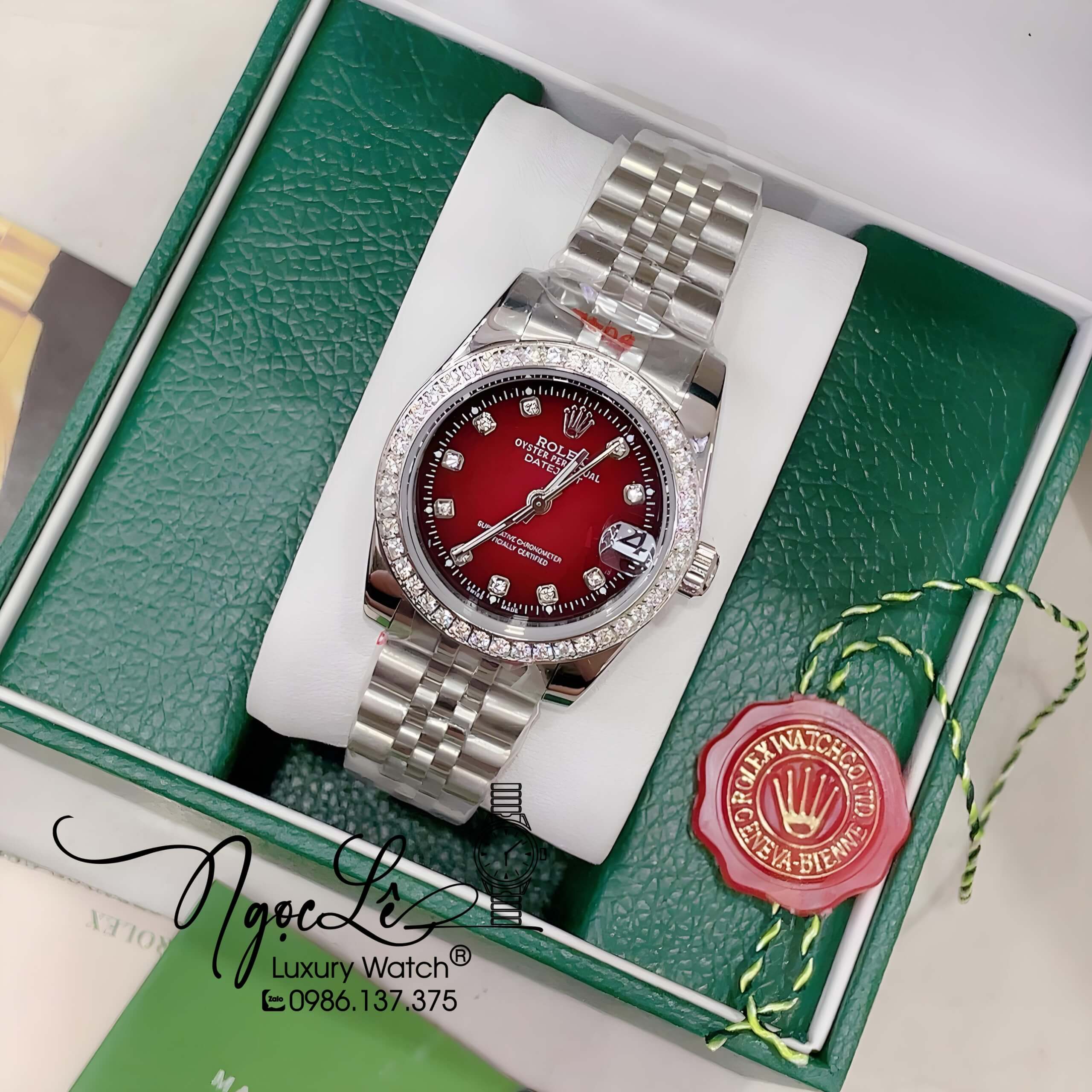 Đồng Hồ Nữ Rolex Datejust Pin Màu Bạc Mặt Ombre Đỏ Đính Đá Size 32mm