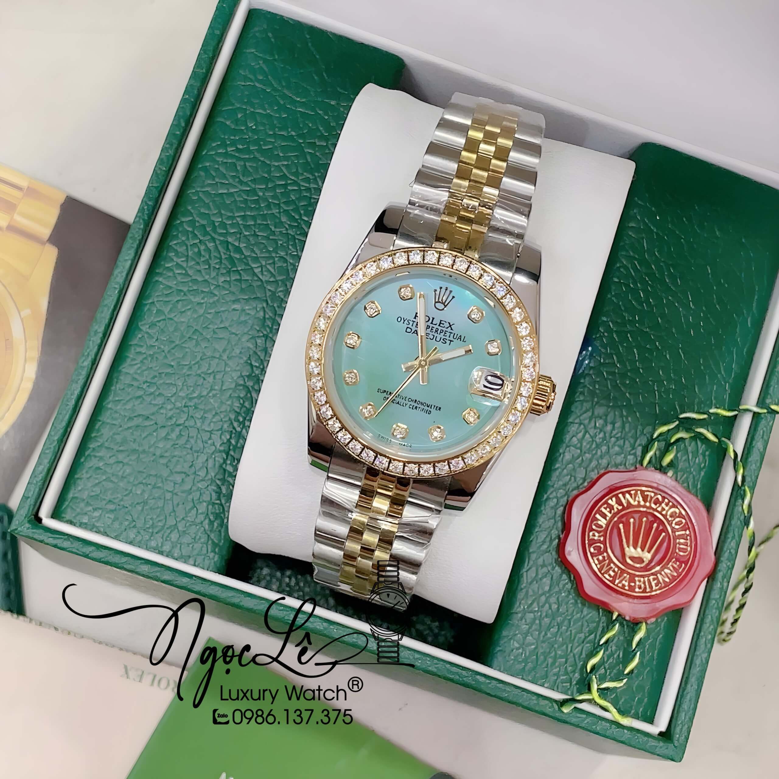 Đồng Hồ Nữ Rolex Datejust Pin Màu Demi Vàng Mặt Xanh Xà Cừ Đính Đá Size 32mm