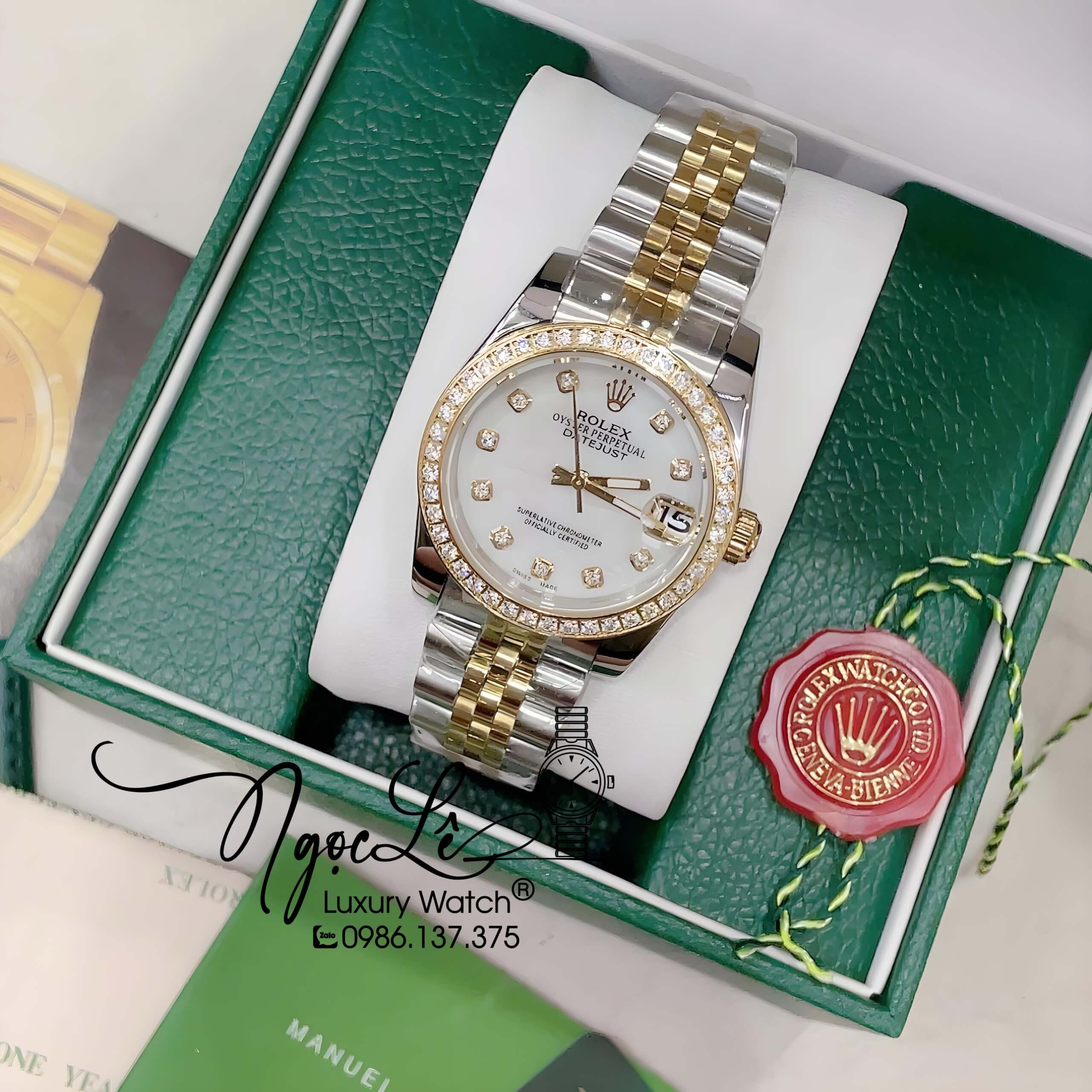 Đồng Hồ Nữ Rolex Datejust Pin Màu Demi Vàng Mặt Trắng Xà Cừ Đính Đá Size 32mm