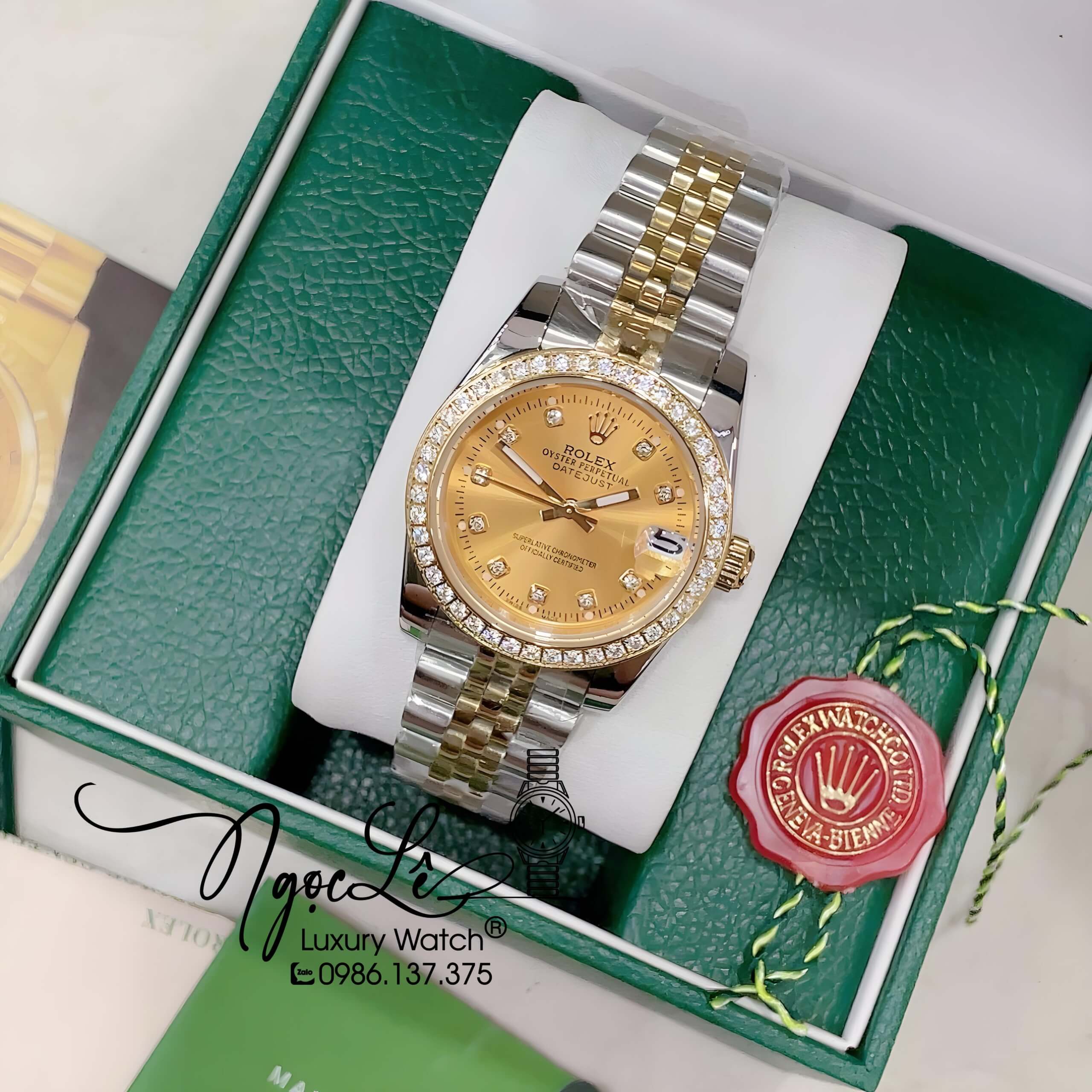 Đồng Hồ Nữ Rolex Datejust Pin Màu Demi Vàng Mặt Vàng Đính Đá Size 32mm