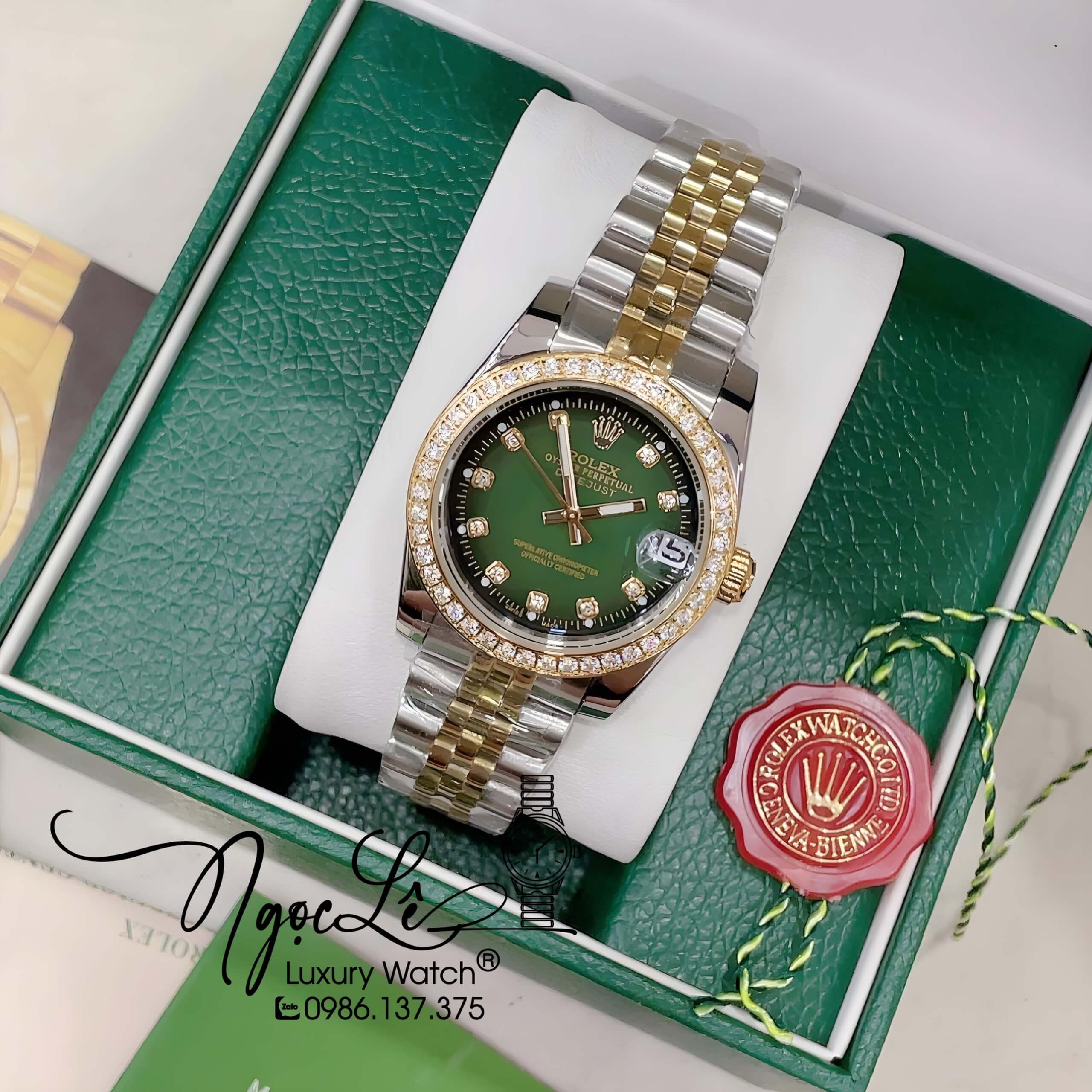 Đồng Hồ Nữ Rolex Datejust Pin Màu Demi Vàng Mặt Ombre Xanh Lá Đính Đá Size 32mm