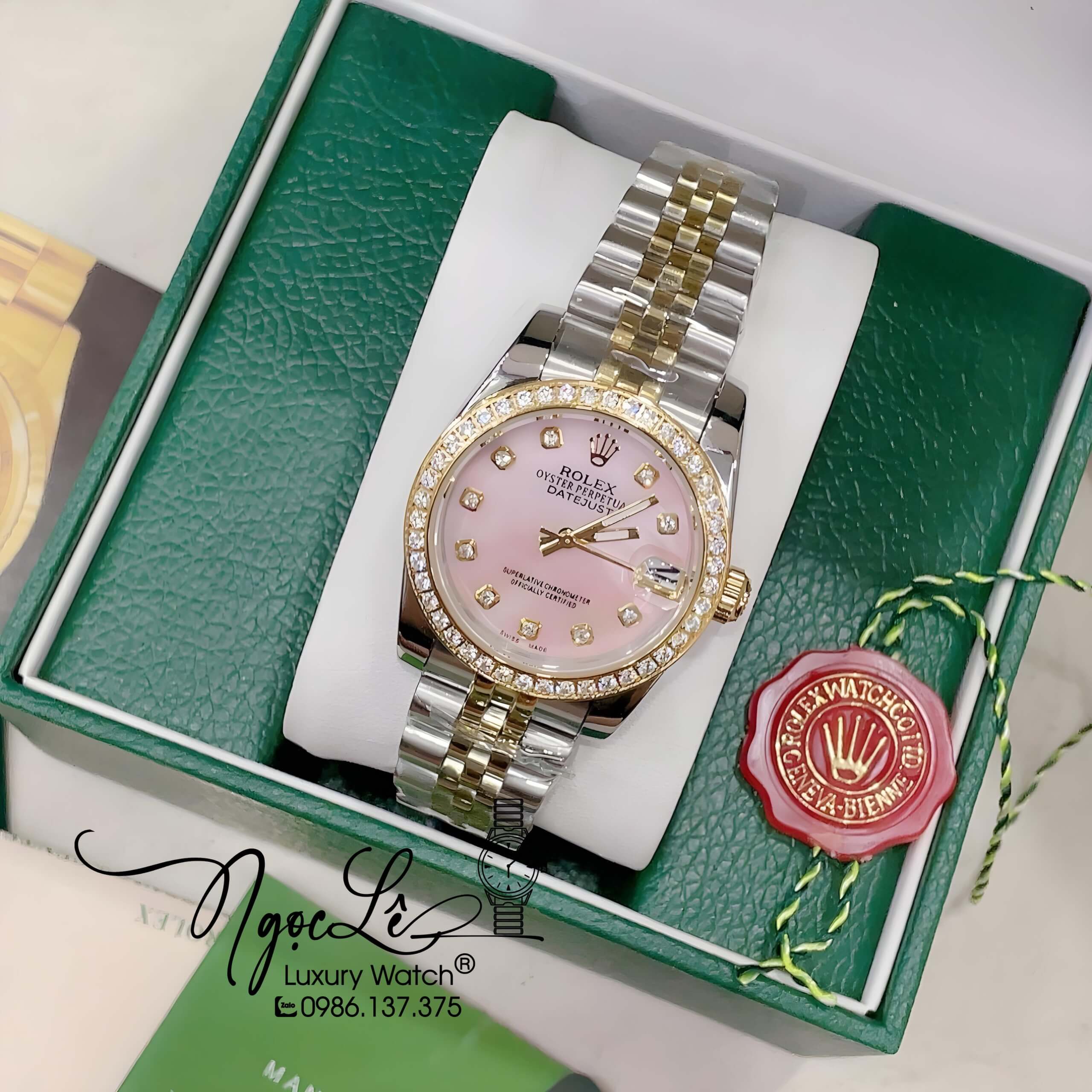 Đồng Hồ Nữ Rolex Datejust Pin Màu Demi Vàng Mặt Hồng Xà Cừ Đính Đá Size 32mm