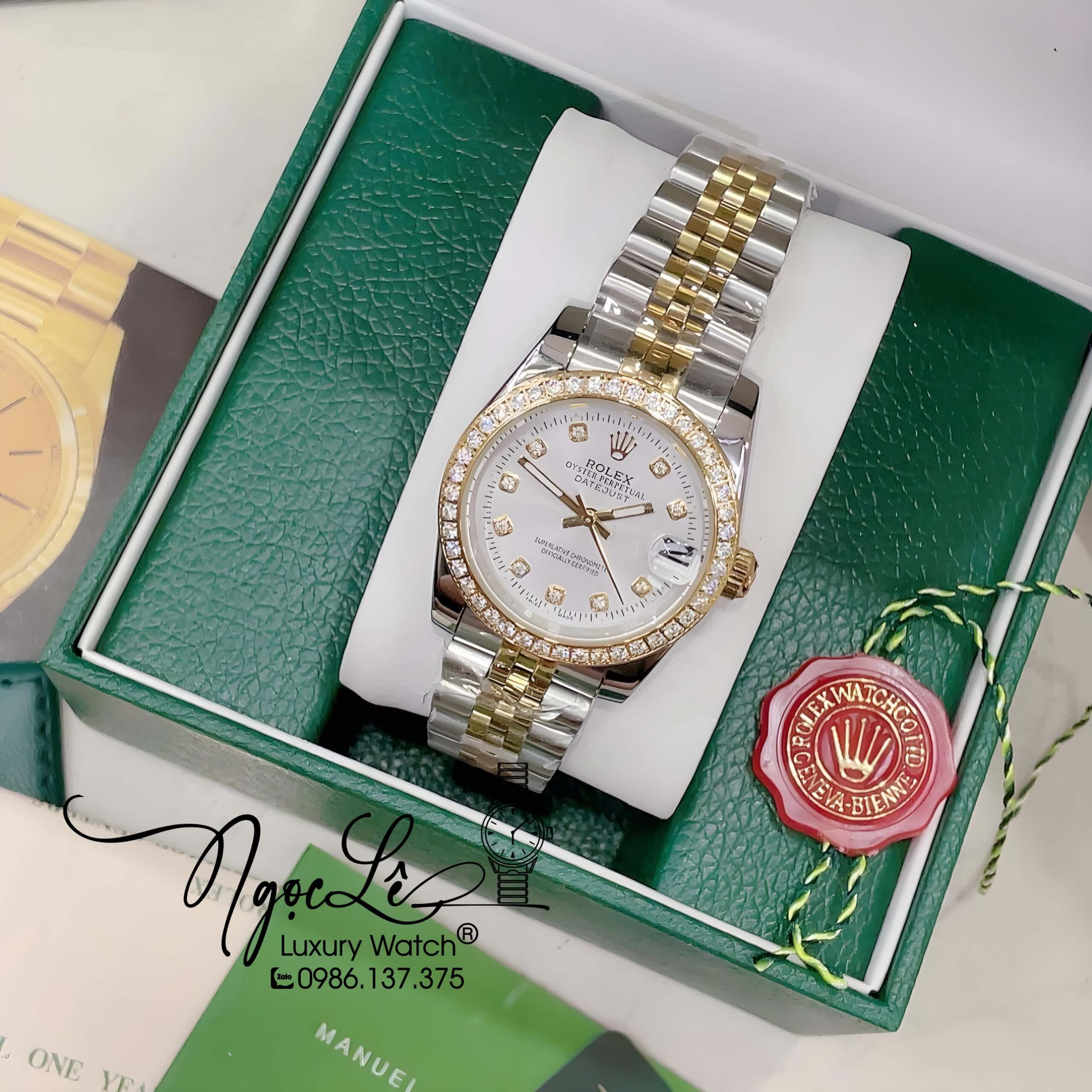 Đồng Hồ Nữ Rolex Datejust Pin Màu Demi Vàng Mặt Trắng Đính Đá Size 32mm