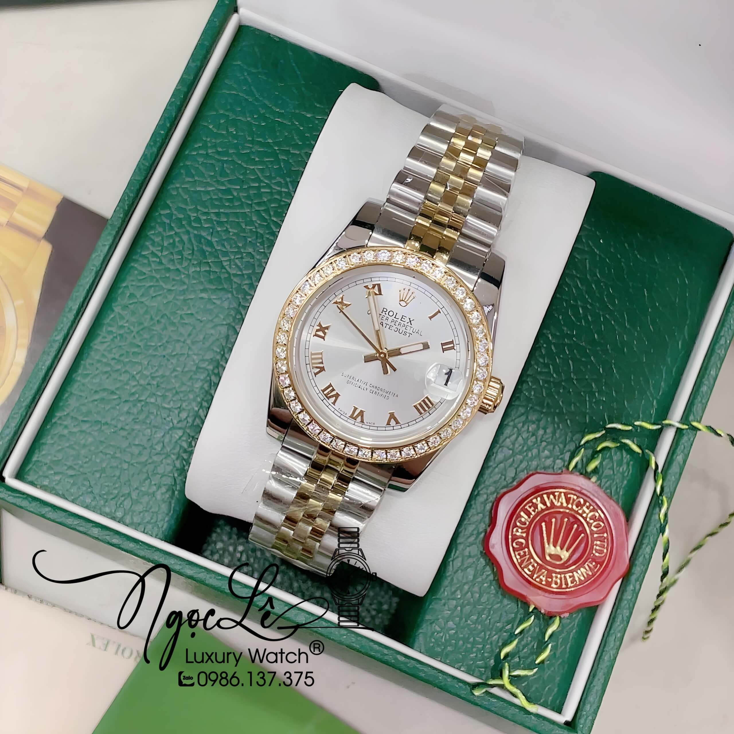 Đồng Hồ Nữ Rolex Datejust Pin Màu Demi Vàng Mặt Trắng La Mã Đính Đá Size 32mm