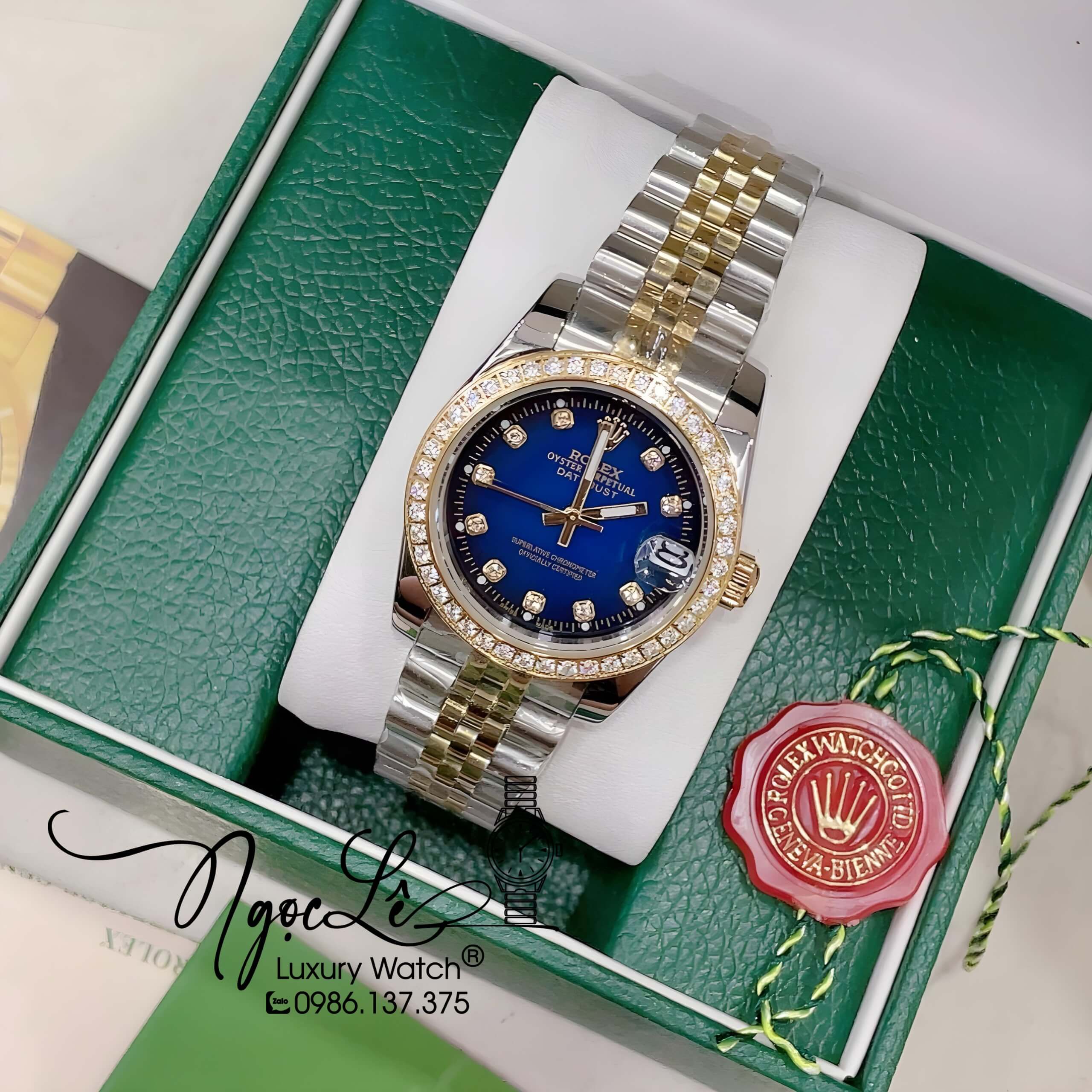 Đồng Hồ Nữ Rolex Datejust Pin Màu Demi Vàng Mặt Ombre Xanh Dương Đính Đá Size 32mm