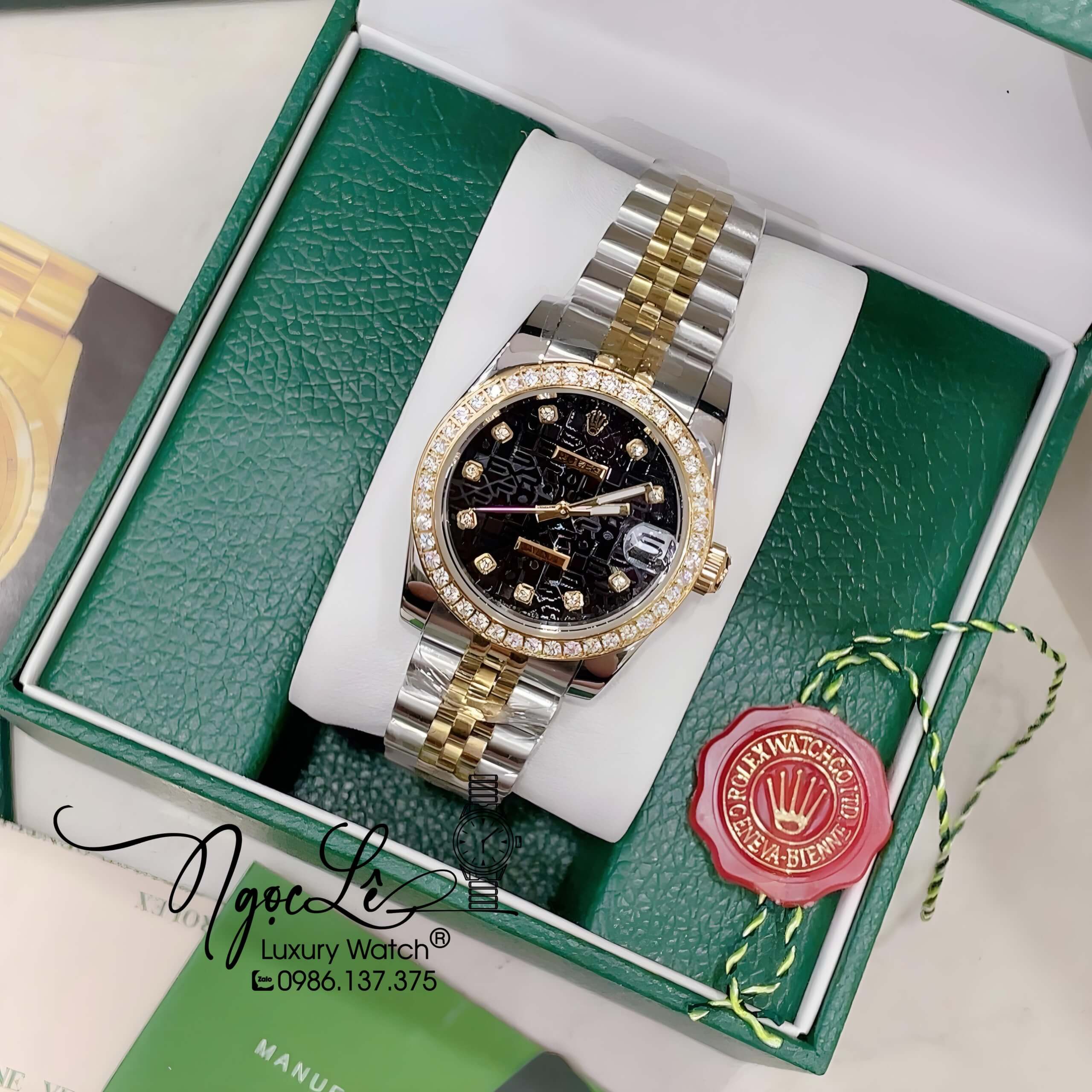 Đồng Hồ Nữ Rolex Datejust Pin Màu Demi Vàng Mặt Đen Vi Tính Đính Đá Size 32mm