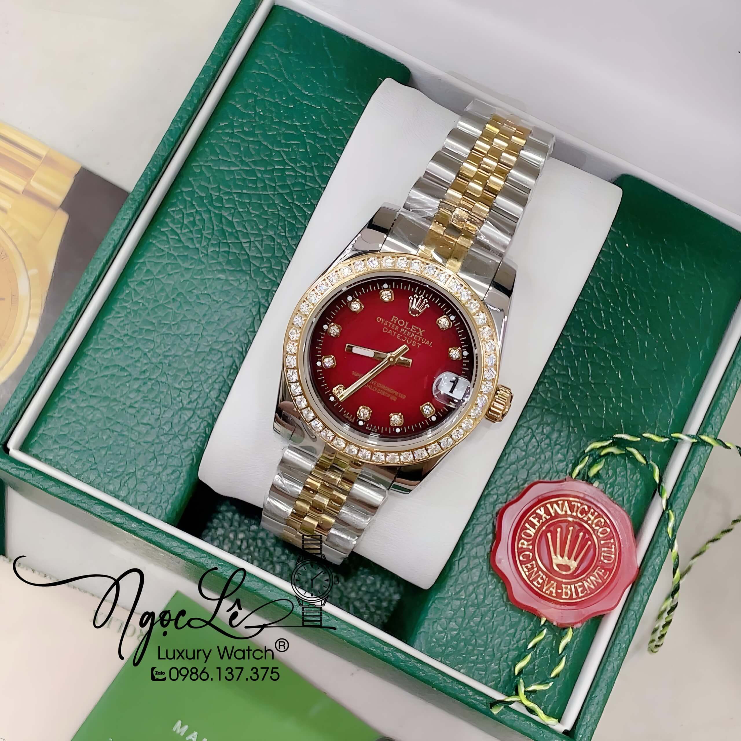 Đồng Hồ Nữ Rolex Datejust Pin Màu Demi Vàng Mặt Ombre Đỏ Đính Đá Size 32mm