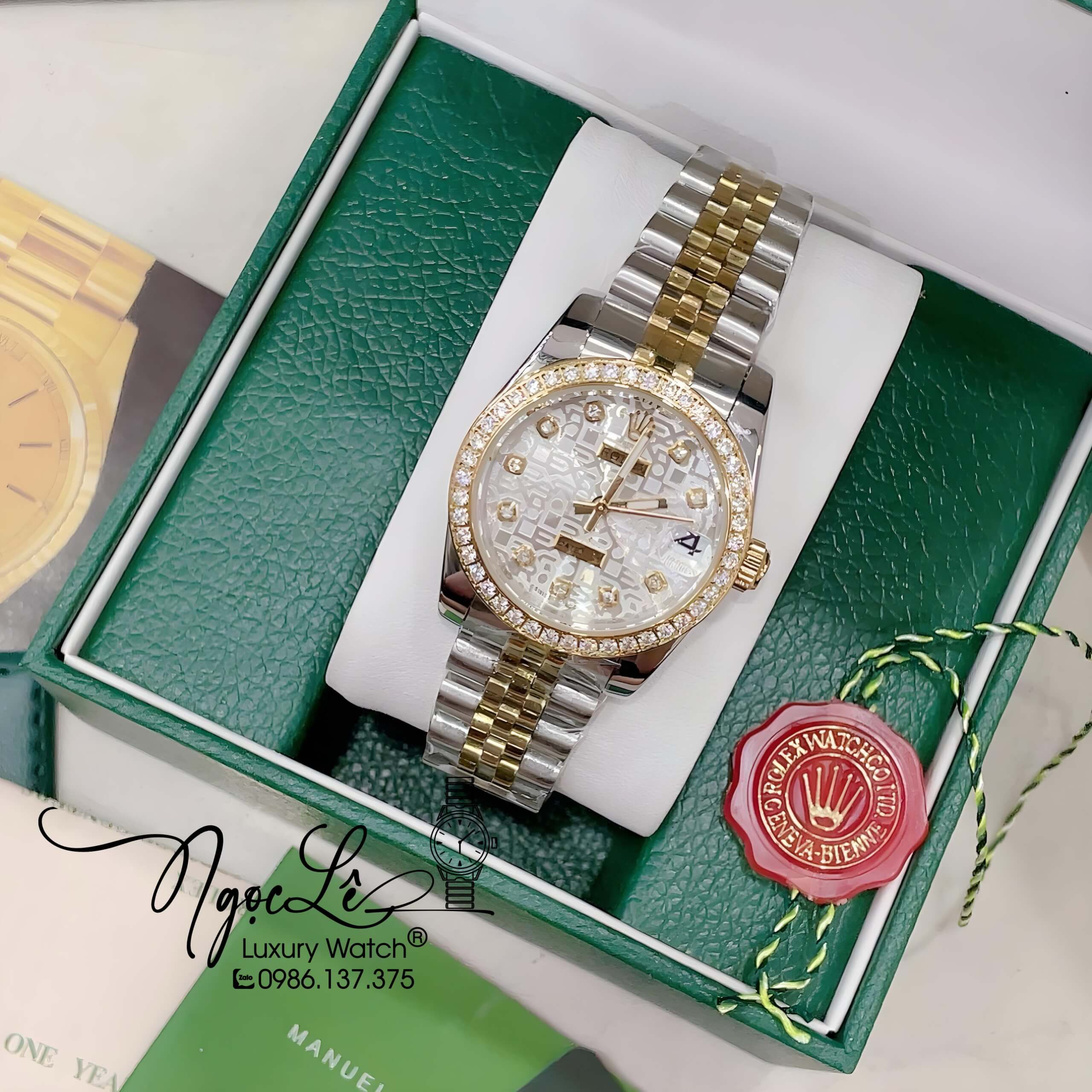 Đồng Hồ Nữ Rolex Datejust Pin Màu Demi Vàng Mặt Trắng Vi Tính Đính Đá Size 32mm