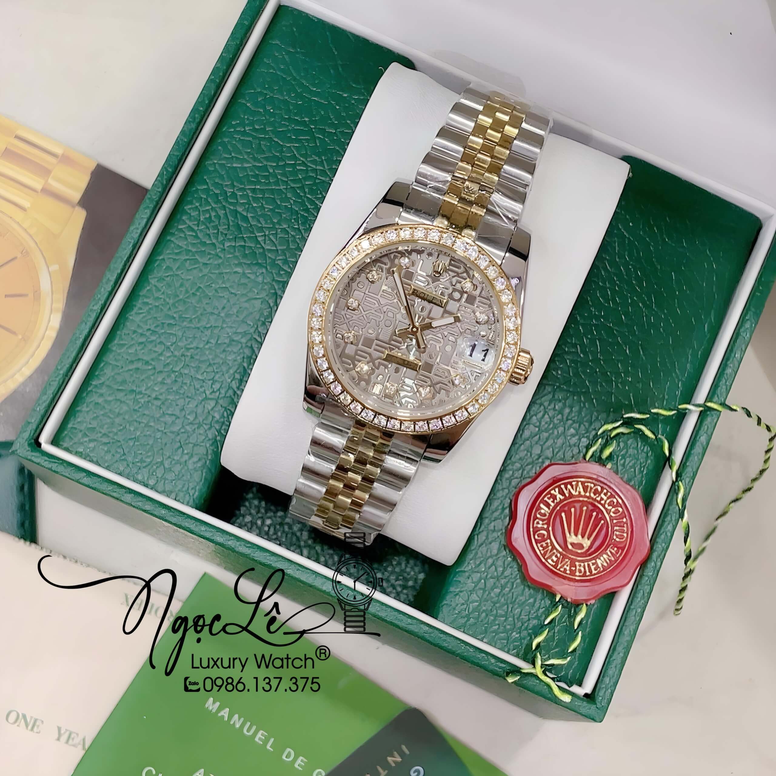 Đồng Hồ Nữ Rolex Datejust Pin Màu Demi Vàng Mặt Xám Vi Tính Đính Đá Size 32mm