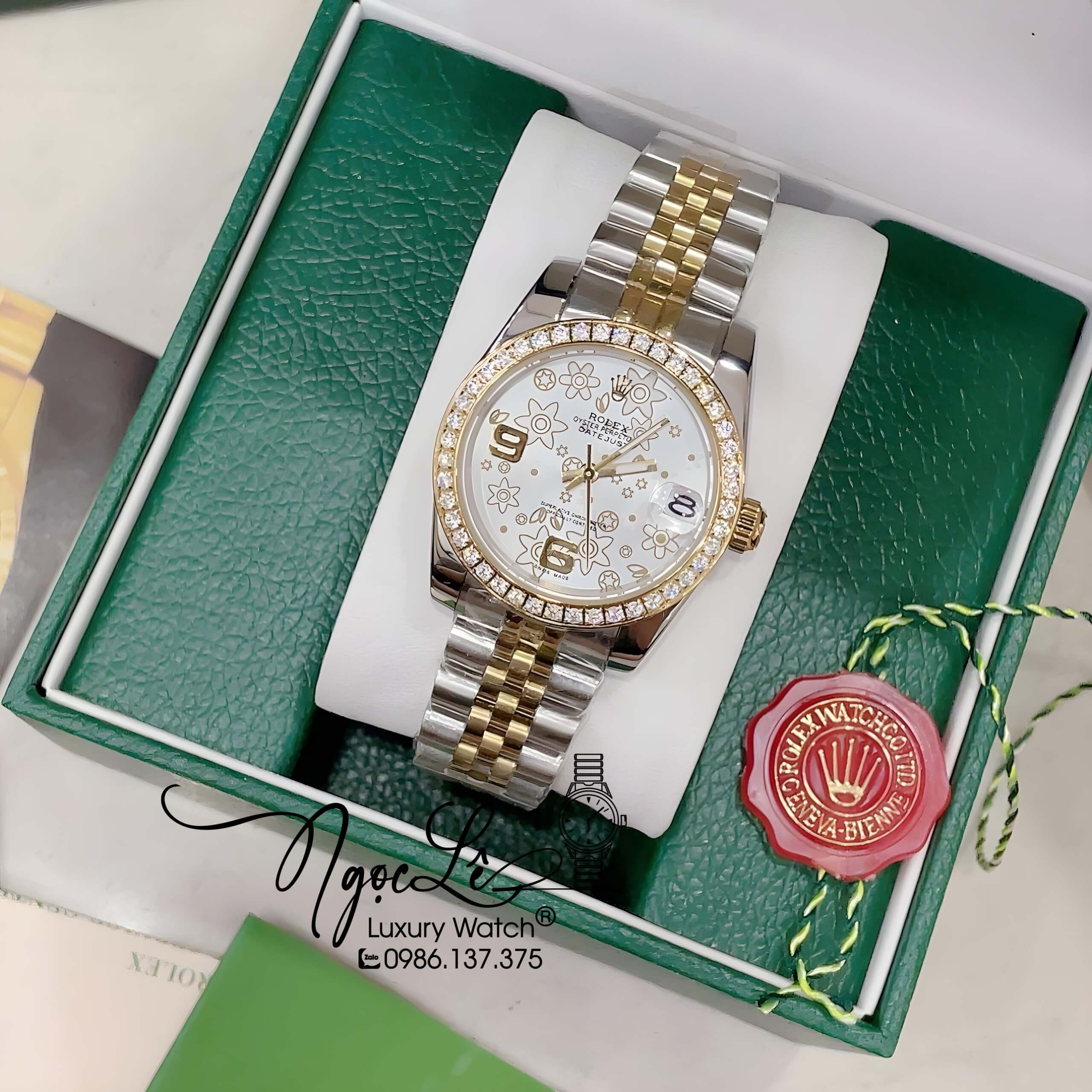 Đồng Hồ Nữ Rolex Datejust Pin Màu Demi Mặt Trắng Họa Tiết Hoa Đính Đá Size 32mm